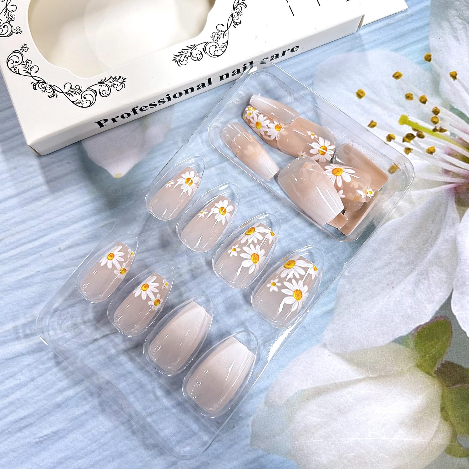 Glitter Powder Love Heart Press on Nails Long Square Gold Glitter Stripes Design Blue Gradient Acrylic Fake Nail Full Cover Glossy Artificial Fingernails DIY Reusable Glue on Nails for Women 24Pcs