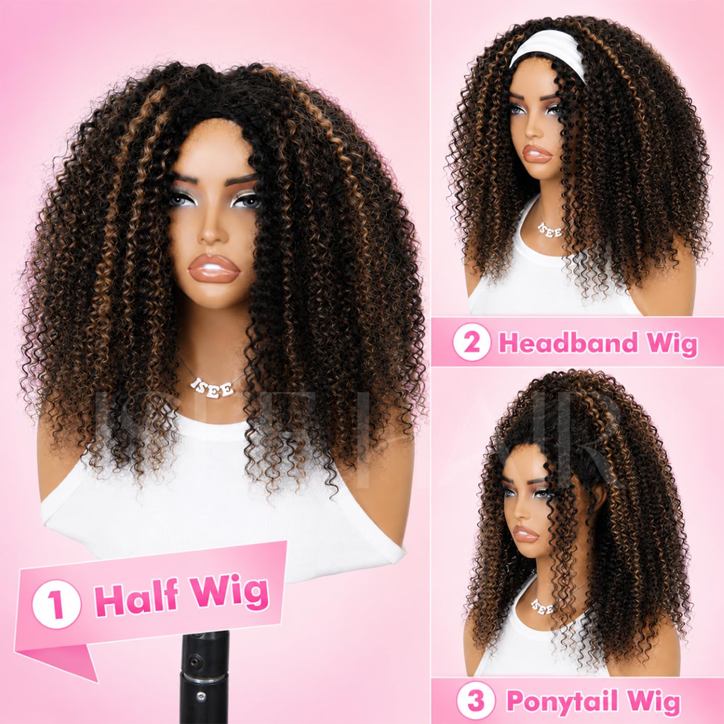 ISEE Half Wig Human Hair Glueless Wigs Upgrade 3 IN 1 Half Wig With Drawstring Seamless Clip Ins Flip Over Kinky Curly Human Hair No Glue No Lace For Women 180% Density 22 Inch