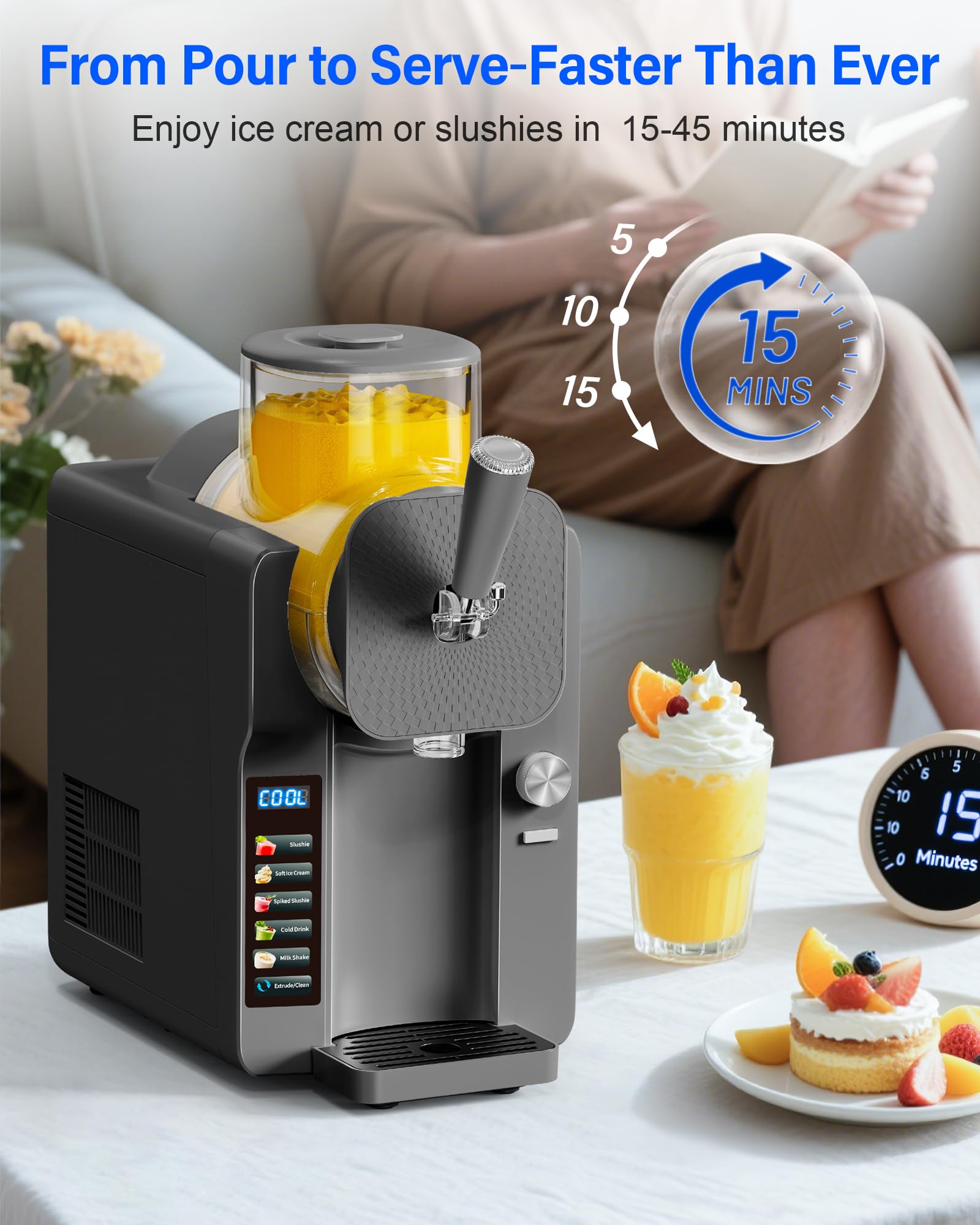Slush Machine & Ice Cream Maker Machine 2-IN-1, for Smoothies, Margarita | 6 Modes for Smoothies, Milkshakes, Margarita, and Ice Cream, Double-Layer Tank, With Ice Cream Cone Holder, Home Use