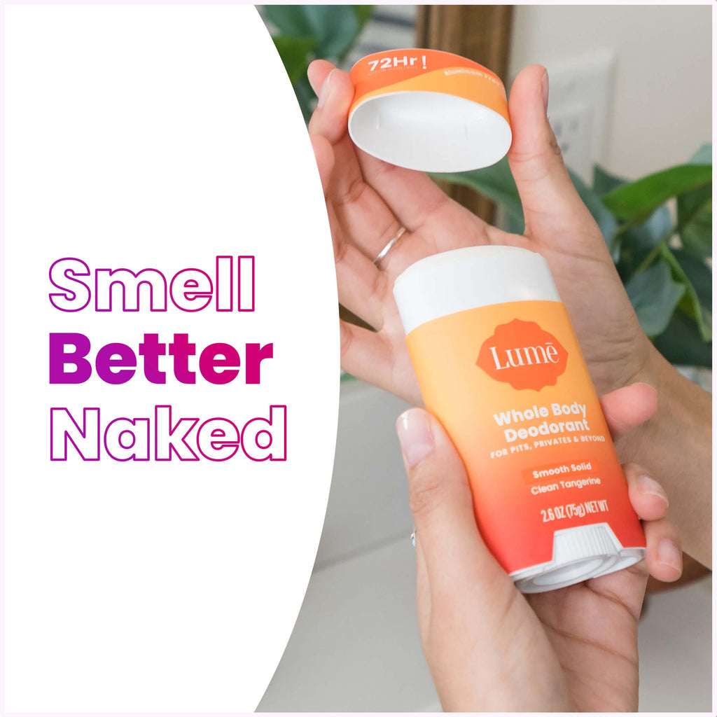 Lume Skin Care Gift Set for Women, Whole Body Deodorant Starter Pack -Smooth Solid Stick, Invisible Cream Tube, Acidified Body Wash Mini & Deodorant Wipes -Aluminum Free Odor Control (Clean Tangerine)