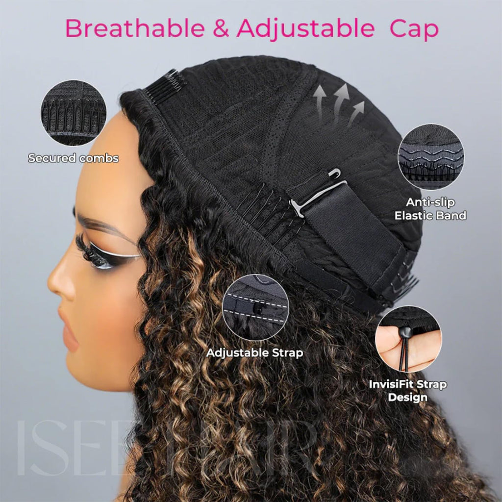 ISEE Half Wig Human Hair Glueless Wigs Upgrade 3 IN 1 Half Wig With Drawstring Seamless Clip Ins Flip Over Kinky Curly Human Hair No Glue No Lace For Women 180% Density 22 Inch