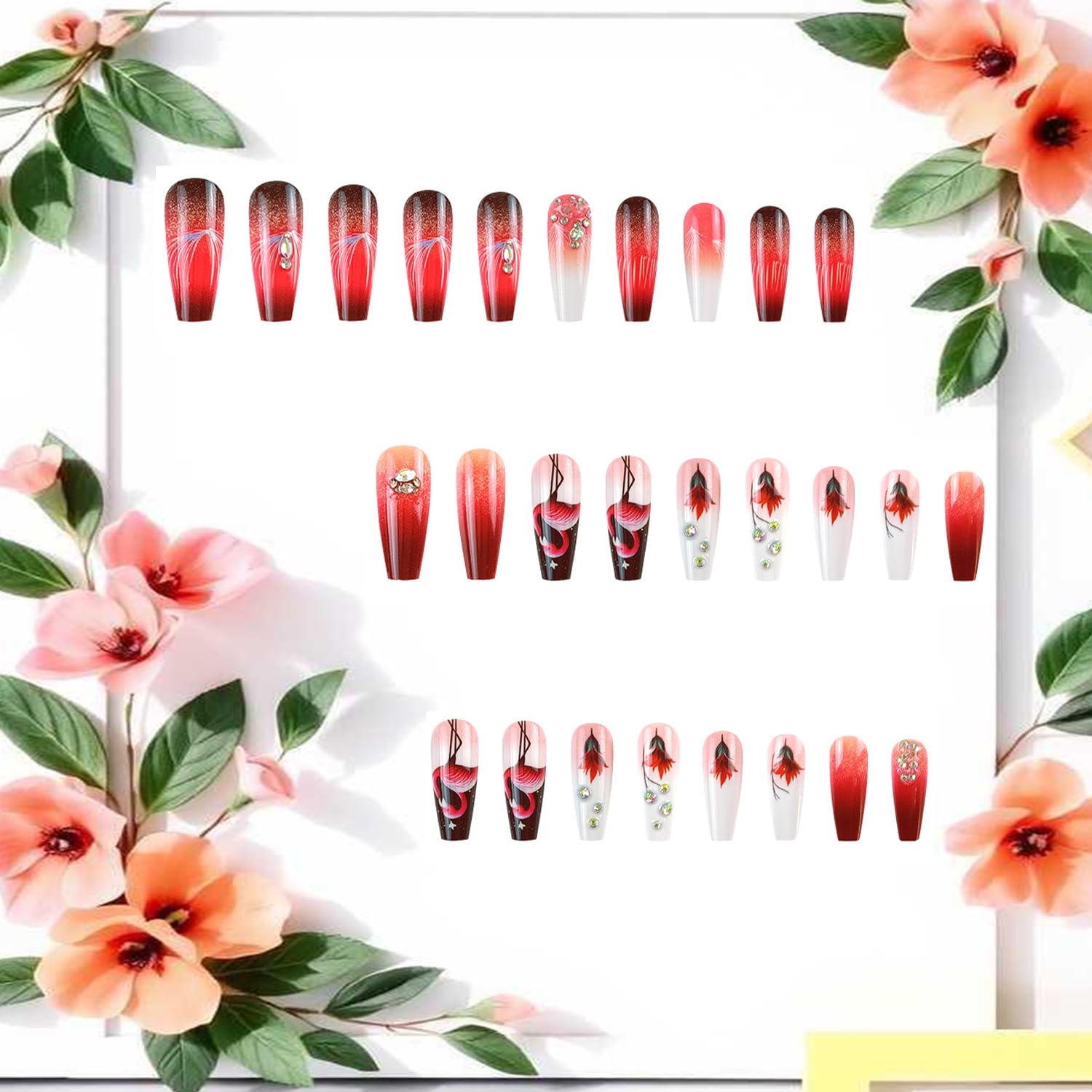 Glitter Powder Love Heart Press on Nails Long Square Gold Glitter Stripes Design Blue Gradient Acrylic Fake Nail Full Cover Glossy Artificial Fingernails DIY Reusable Glue on Nails for Women 24Pcs