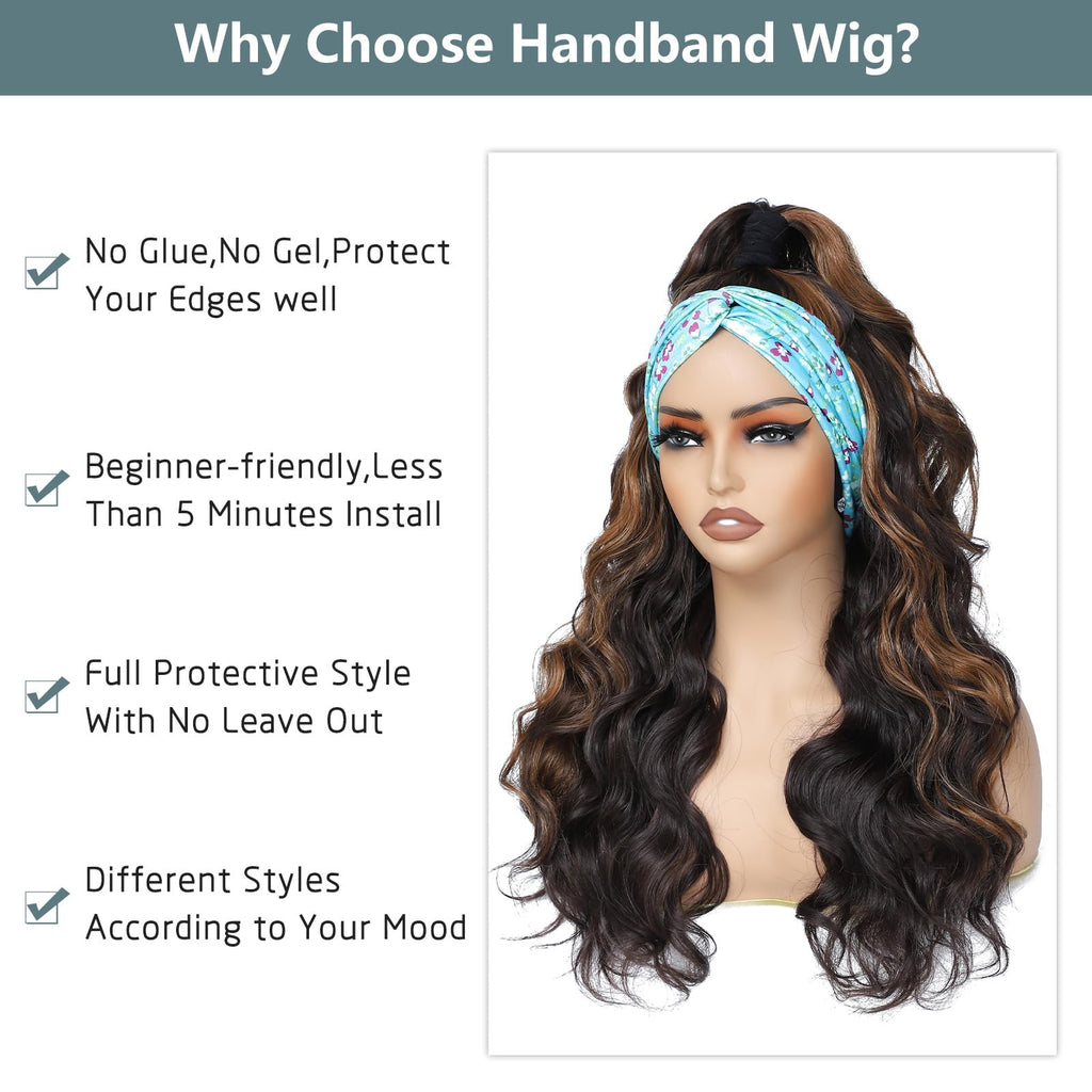 Long Wavy Headband Wig for Women Black Wigs with Brown Blonde Highlight 200% Denisty Headband Wigs Put On and Go Glueless Wig Long Synthetic Wig for Women Party Daliy Use