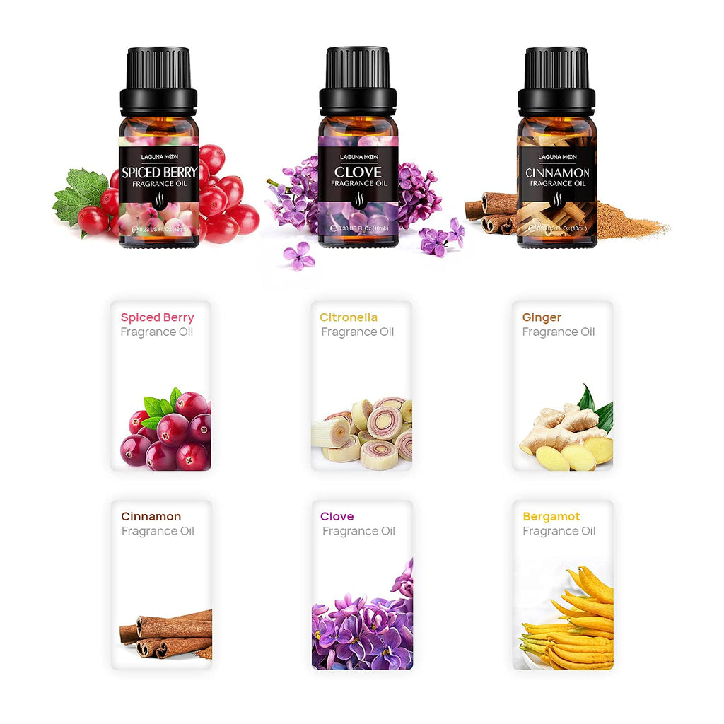 Lagunamoon Essential Oils Aromatherapy Set - 6 Oils for Diffusers, Home Care, Candle Making Scents, Fragrance, Humidifiers, Gifts - Peppermint, Tea Tree, Lavender, Eucalyptus, Orange (10mL)