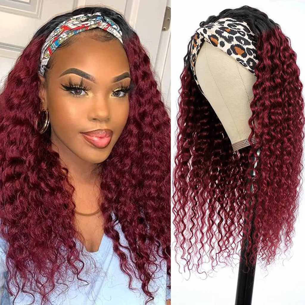 Aiterina Headband Wig Deep Wave 12 Inch Human Hair Headband Wig Curly hair Glueless Human Hair Wigs Machine Made No Lace deep Curly Headband Wigs Natural color