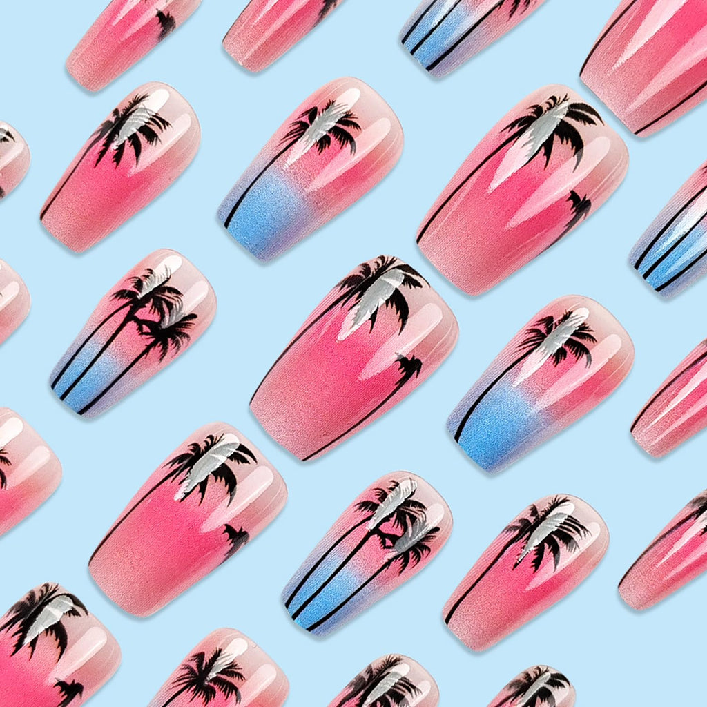Glitter Powder Love Heart Press on Nails Long Square Gold Glitter Stripes Design Blue Gradient Acrylic Fake Nail Full Cover Glossy Artificial Fingernails DIY Reusable Glue on Nails for Women 24Pcs