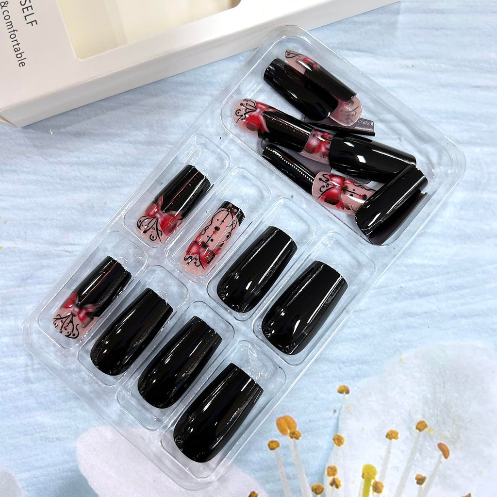 Glitter Powder Love Heart Press on Nails Long Square Gold Glitter Stripes Design Blue Gradient Acrylic Fake Nail Full Cover Glossy Artificial Fingernails DIY Reusable Glue on Nails for Women 24Pcs