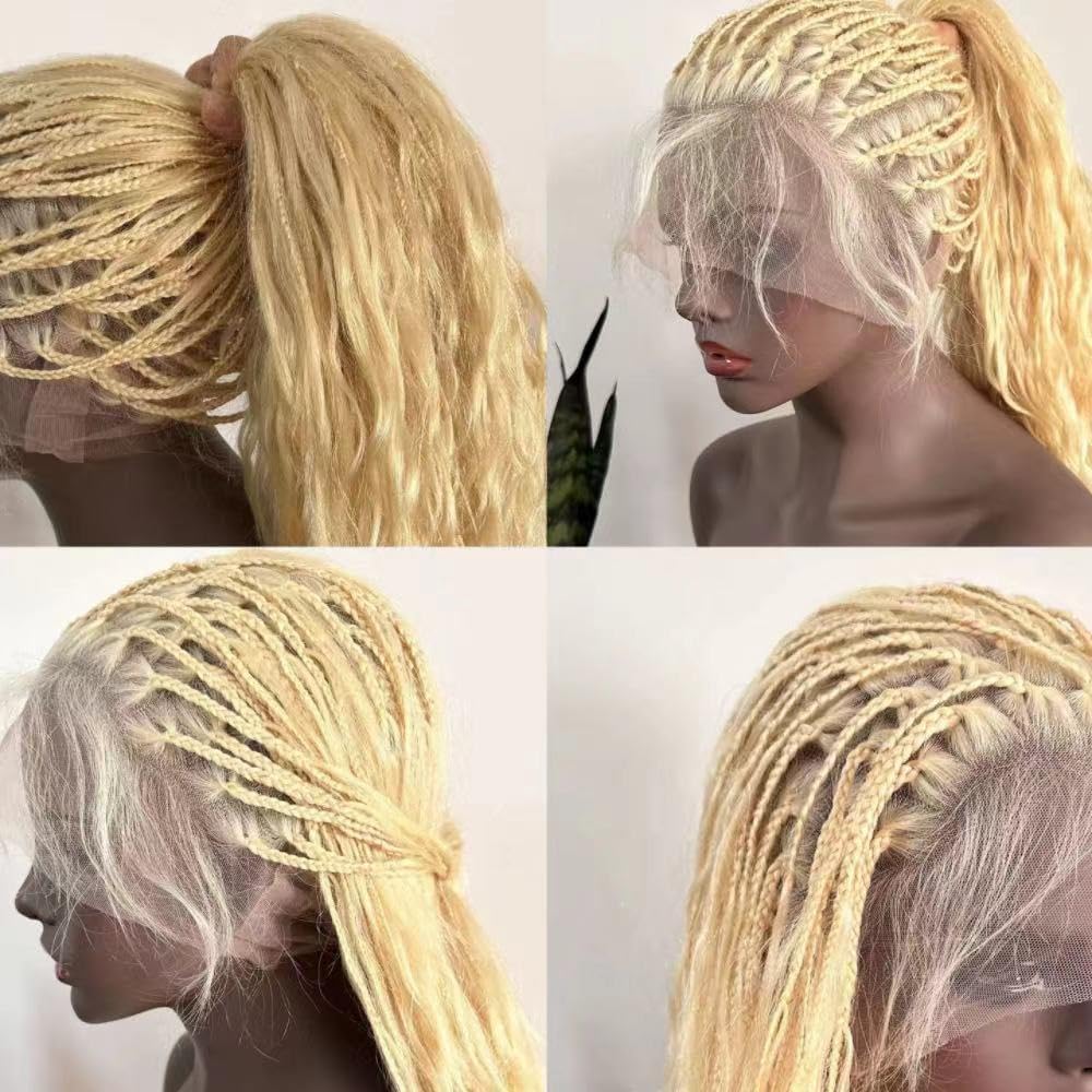 FlowerSeason Boho Box Braids Wig Full Lace Braided Wig Human Hair Square Parted Knotless Pre Pluched With Baby Hair Braided Wigs for Black Women(12 inch)