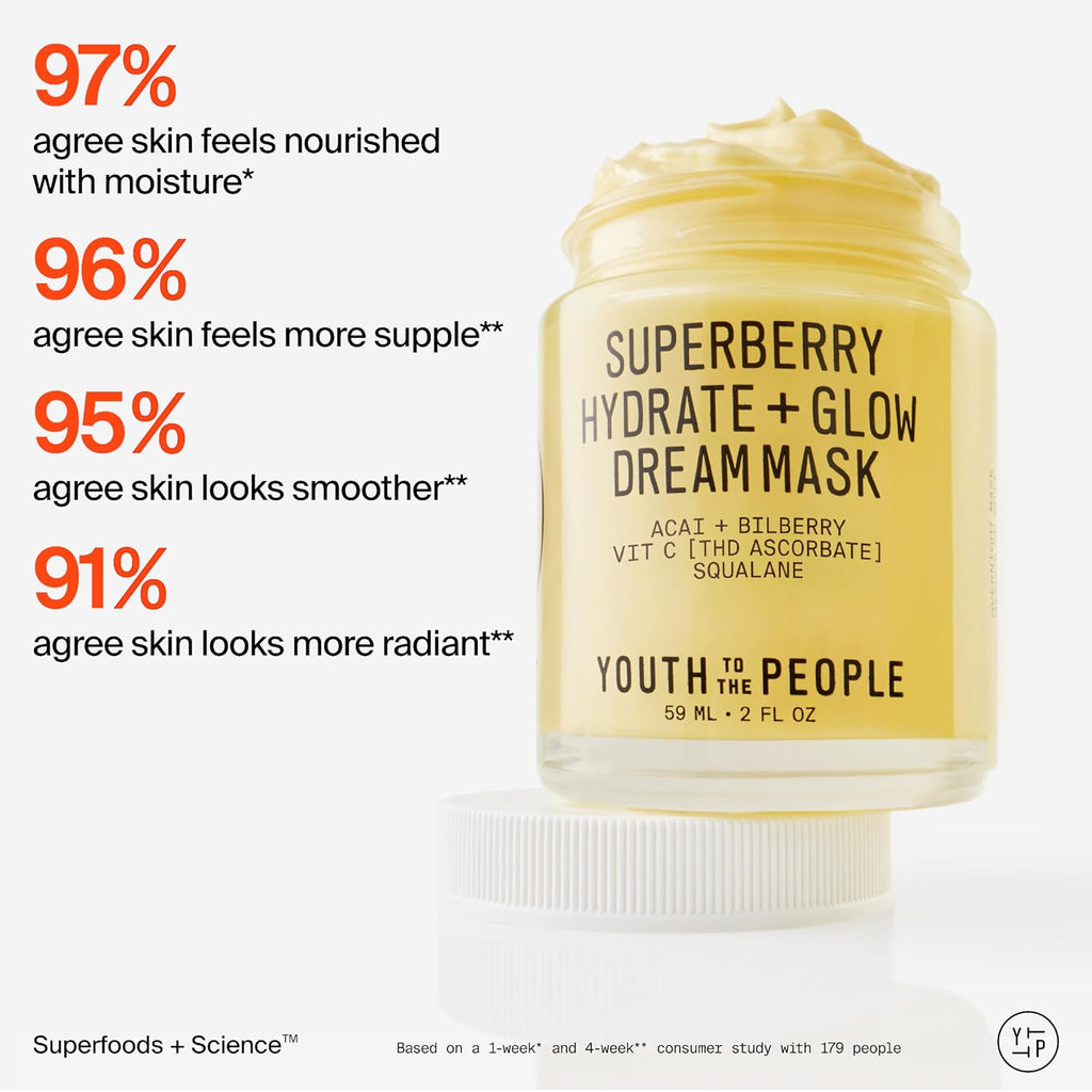 Youth To The People Superberry Dream Mask - Hydrate + Glow Face Moisturizer | Vitamin C Brightening Night Cream - Antioxidant-Rich Hydration, Radiant Glow, For Dry/Dull Skin, Uneven Tone, Non-comedogenic