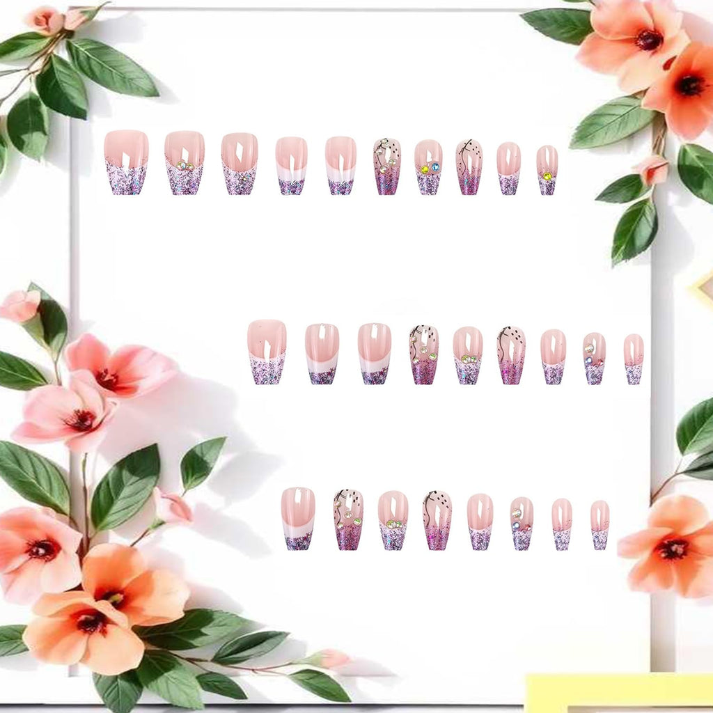 Glitter Powder Love Heart Press on Nails Long Square Gold Glitter Stripes Design Blue Gradient Acrylic Fake Nail Full Cover Glossy Artificial Fingernails DIY Reusable Glue on Nails for Women 24Pcs