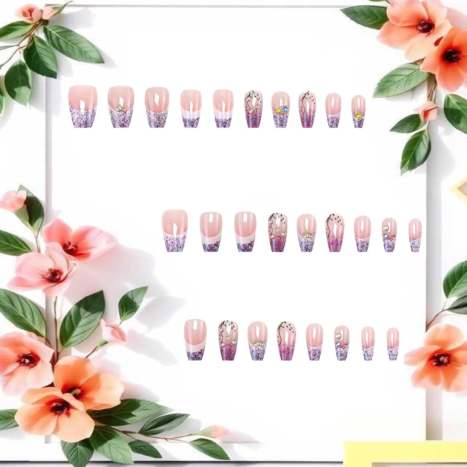 Glitter Powder Love Heart Press on Nails Long Square Gold Glitter Stripes Design Blue Gradient Acrylic Fake Nail Full Cover Glossy Artificial Fingernails DIY Reusable Glue on Nails for Women 24Pcs