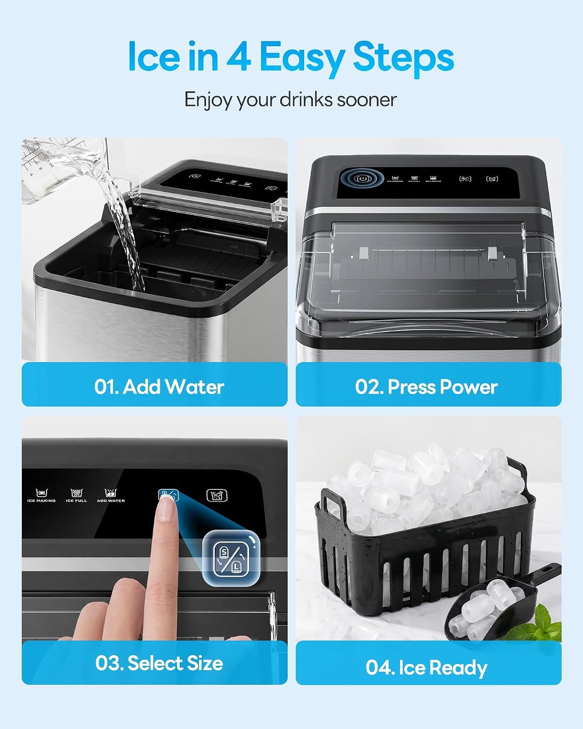 Ice Makers Countertop, 26.5Lbs/24H Ice Machine with 2 Sizes Bullet Ice, 9 Ice Cubes Release in 6 Mins, Self-Cleaning Portable Ice Maker with Ice Scoop and Basket for Home Kitchen Office Bar RV