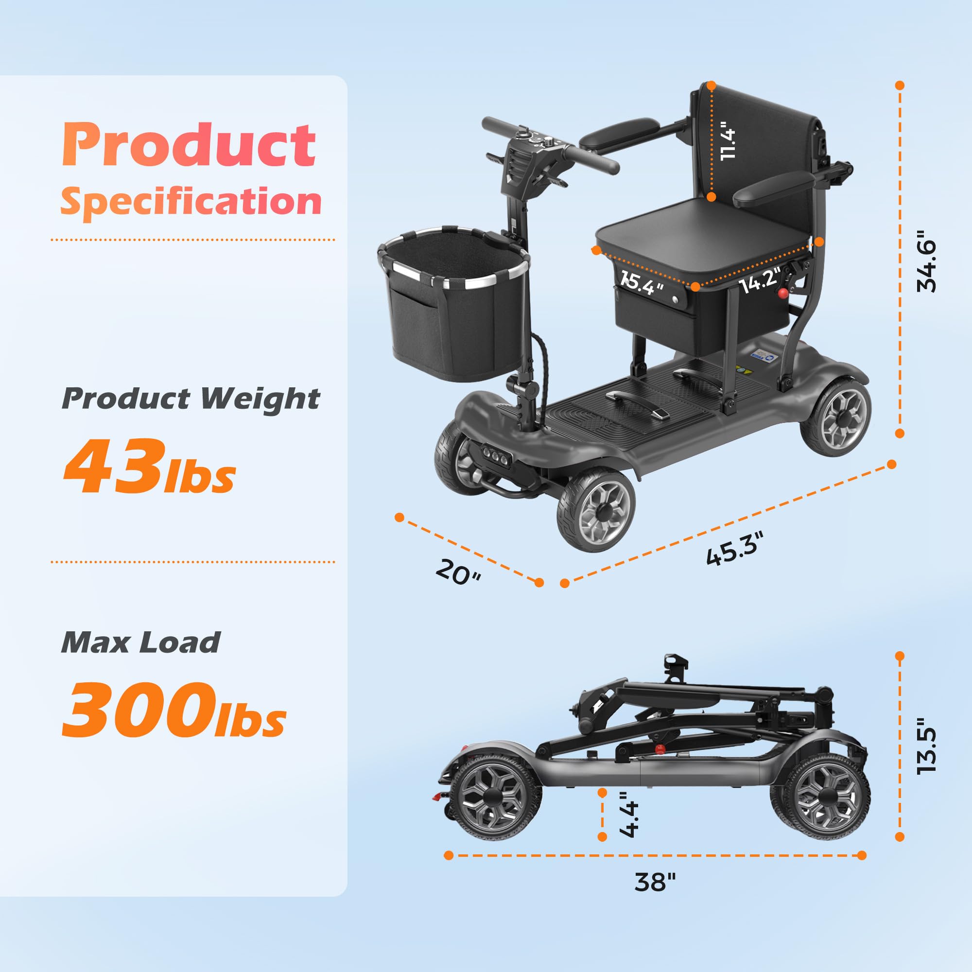 Lightweight Mobility Scooter for Seniors & Adults - Cruise & Airport Approved, 43lb Foldable Portable Motorized Scooters with Removable Lithium Battery for 12.4 Miles Travel, 300lb Capacity, Red
