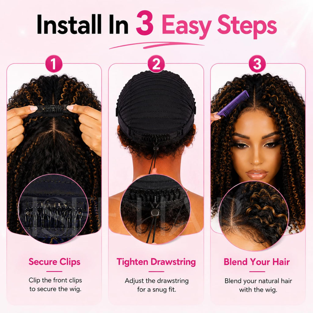 ISEE Half Wig Human Hair Glueless Wigs Upgrade 3 IN 1 Half Wig With Drawstring Seamless Clip Ins Flip Over Kinky Curly Human Hair No Glue No Lace For Women 180% Density 22 Inch