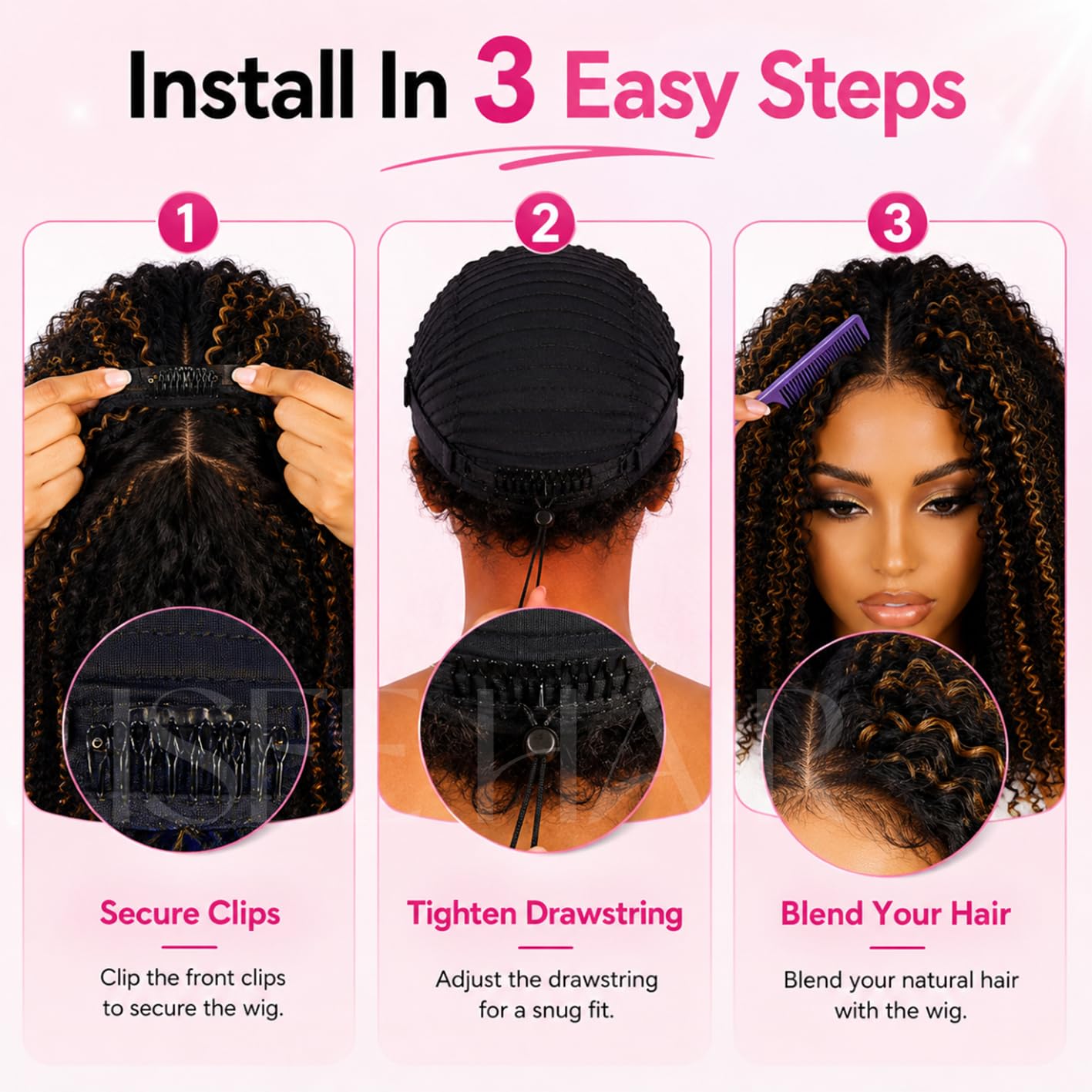 ISEE Half Wig Human Hair Glueless Wigs Upgrade 3 IN 1 Half Wig With Drawstring Seamless Clip Ins Flip Over Kinky Curly Human Hair No Glue No Lace For Women 180% Density 22 Inch