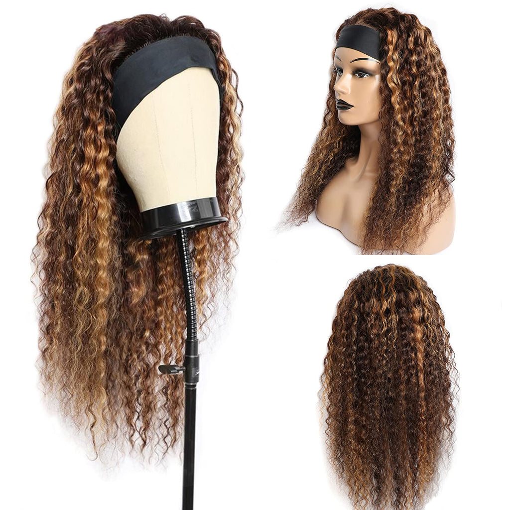 Aiterina Headband Wig Deep Wave 12 Inch Human Hair Headband Wig Curly hair Glueless Human Hair Wigs Machine Made No Lace deep Curly Headband Wigs Natural color