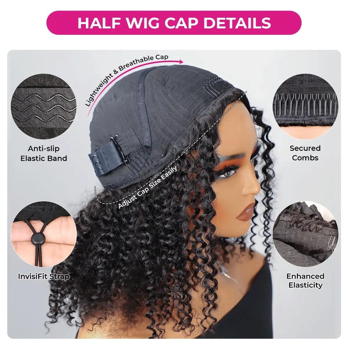 ISEE Half Wig Human Hair Glueless Wigs Upgrade 3 IN 1 Half Wig With Drawstring Seamless Clip Ins Flip Over Kinky Curly Human Hair No Glue No Lace For Women 180% Density 22 Inch