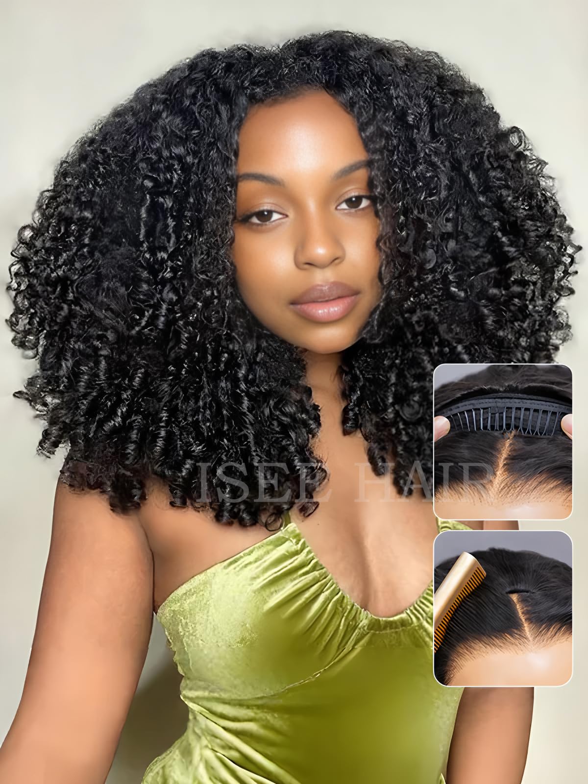 ISEE Half Wig Human Hair Glueless Wigs Upgrade 3 IN 1 Half Wig With Drawstring Seamless Clip Ins Flip Over Kinky Curly Human Hair No Glue No Lace For Women 180% Density 22 Inch