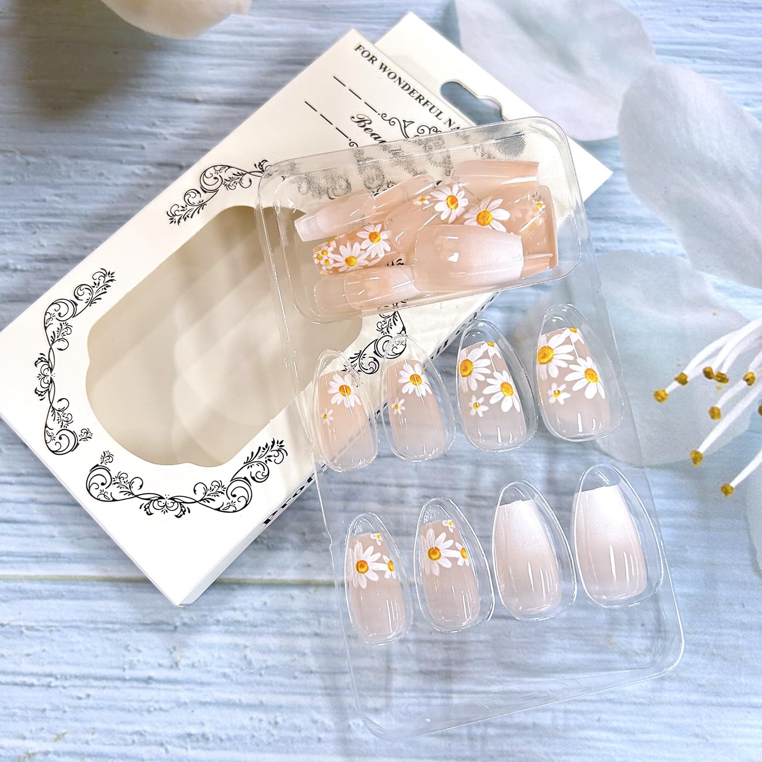 Glitter Powder Love Heart Press on Nails Long Square Gold Glitter Stripes Design Blue Gradient Acrylic Fake Nail Full Cover Glossy Artificial Fingernails DIY Reusable Glue on Nails for Women 24Pcs