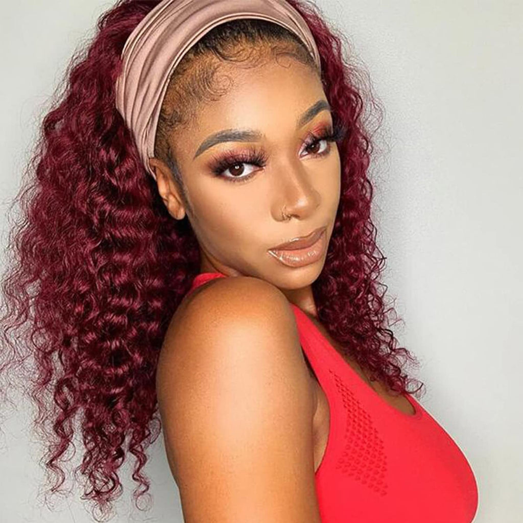 Aiterina Headband Wig Deep Wave 12 Inch Human Hair Headband Wig Curly hair Glueless Human Hair Wigs Machine Made No Lace deep Curly Headband Wigs Natural color