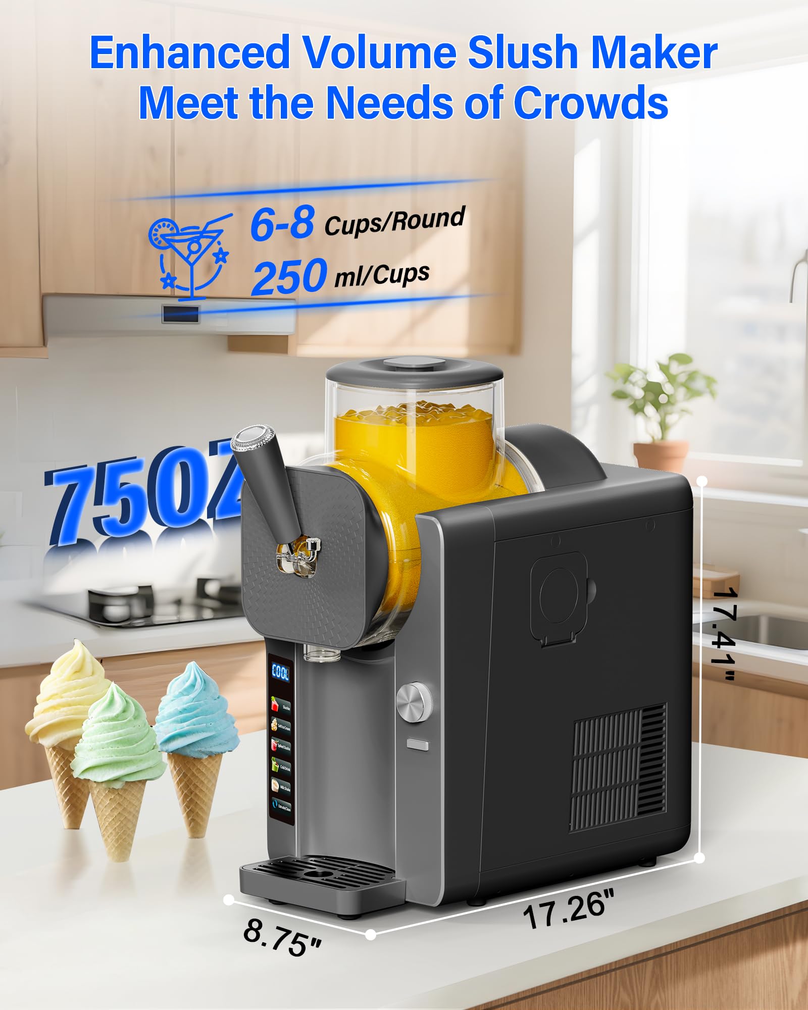Slush Machine & Ice Cream Maker Machine 2-IN-1, for Smoothies, Margarita | 6 Modes for Smoothies, Milkshakes, Margarita, and Ice Cream, Double-Layer Tank, With Ice Cream Cone Holder, Home Use