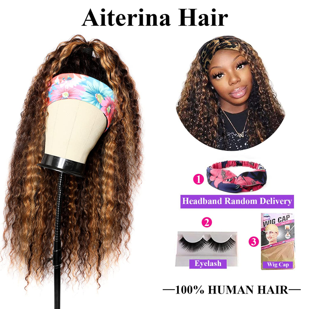 Aiterina Headband Wig Deep Wave 12 Inch Human Hair Headband Wig Curly hair Glueless Human Hair Wigs Machine Made No Lace deep Curly Headband Wigs Natural color