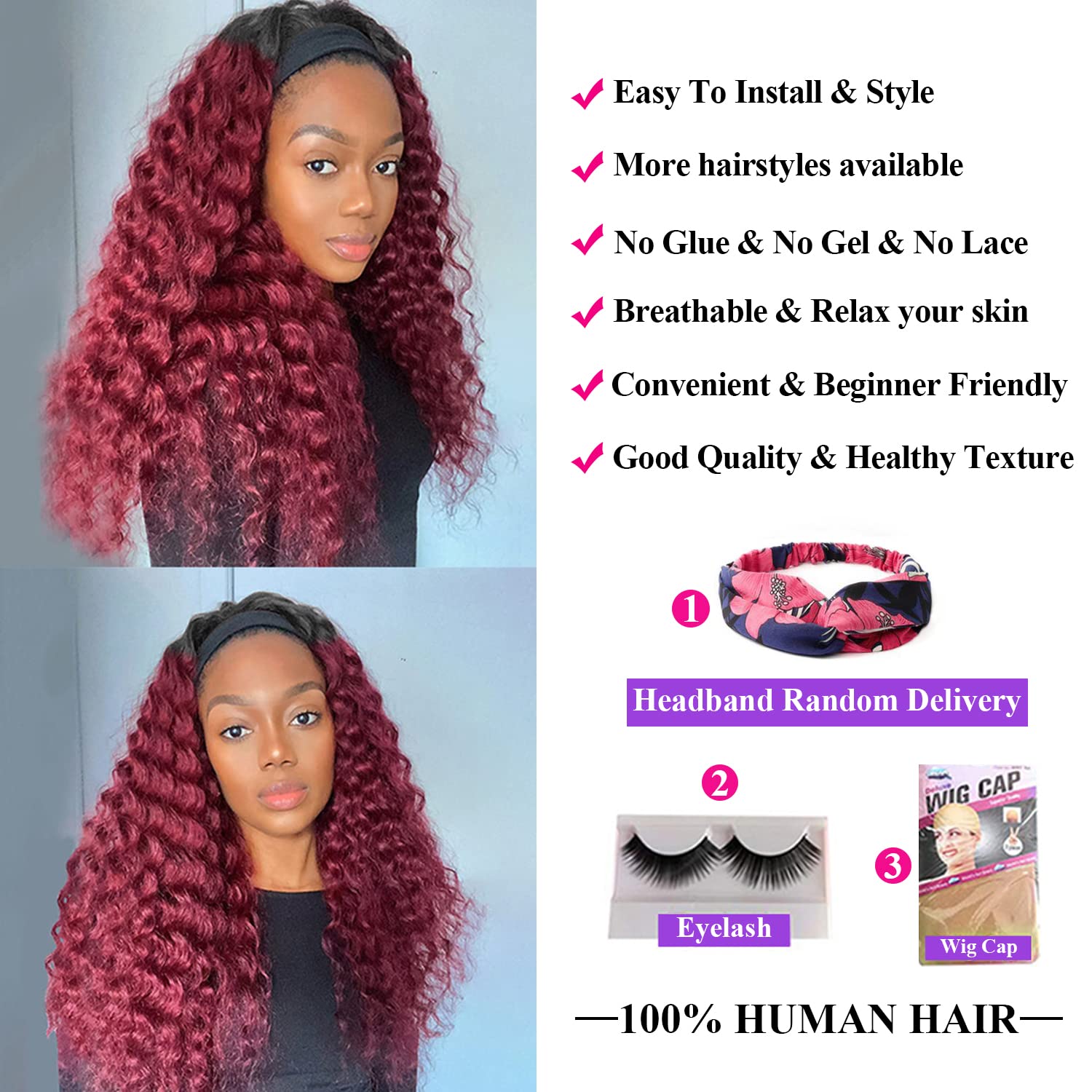 Aiterina Headband Wig Deep Wave 12 Inch Human Hair Headband Wig Curly hair Glueless Human Hair Wigs Machine Made No Lace deep Curly Headband Wigs Natural color
