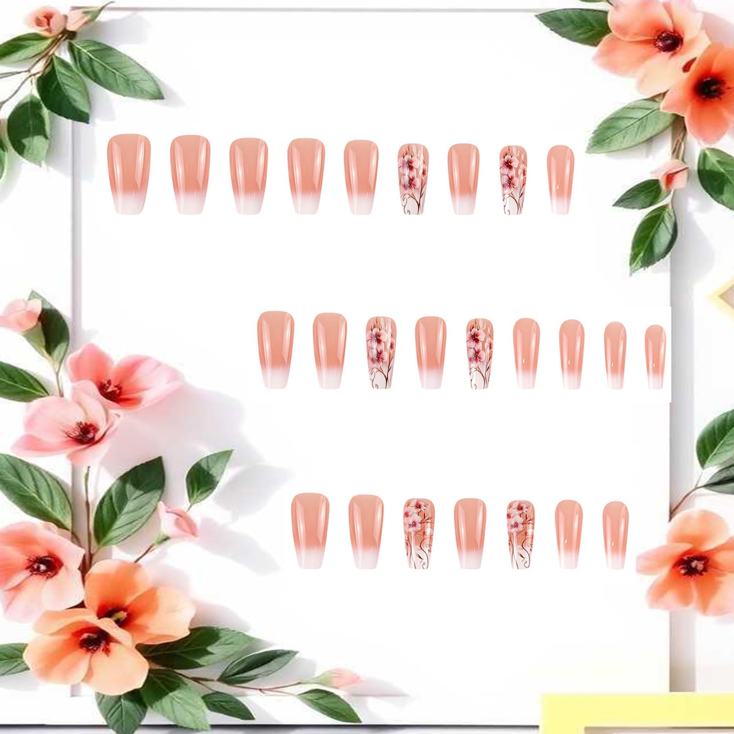 Glitter Powder Love Heart Press on Nails Long Square Gold Glitter Stripes Design Blue Gradient Acrylic Fake Nail Full Cover Glossy Artificial Fingernails DIY Reusable Glue on Nails for Women 24Pcs