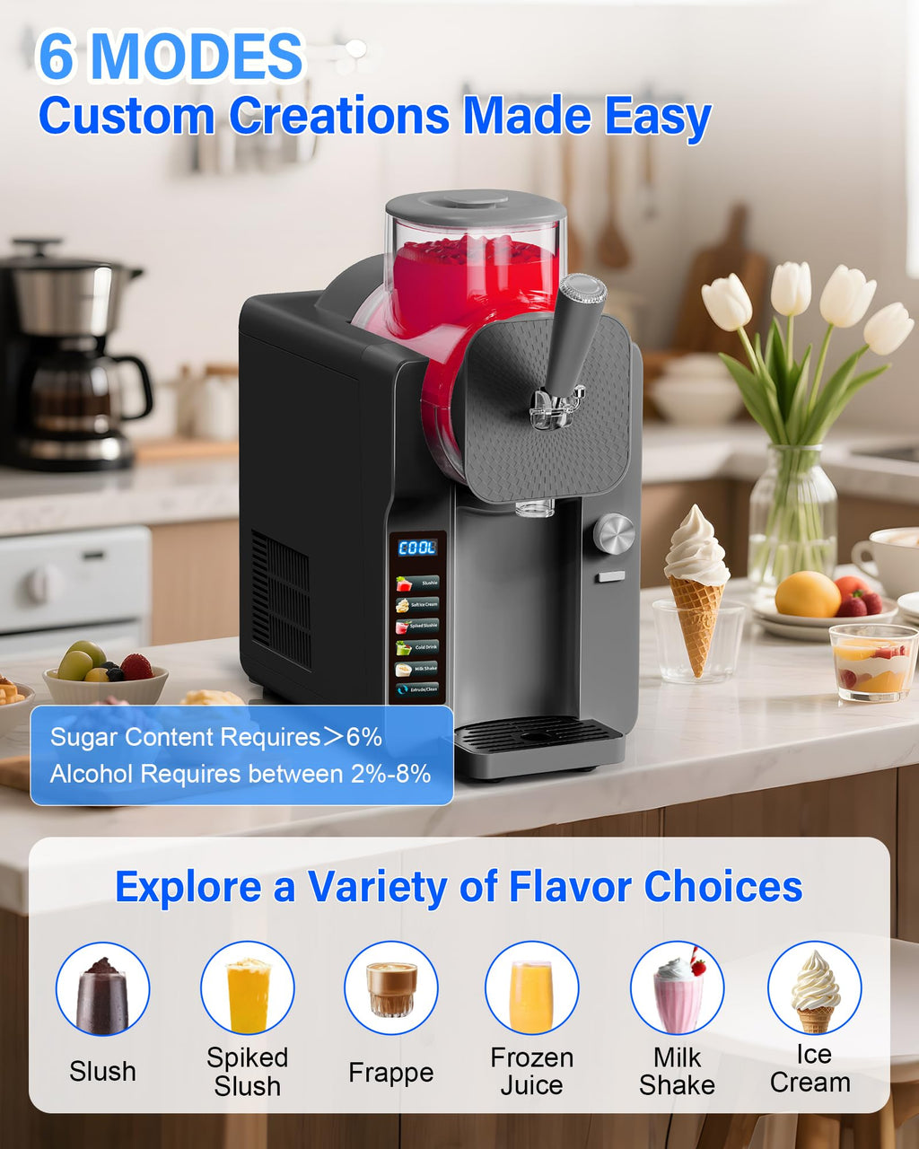 Slush Machine & Ice Cream Maker Machine 2-IN-1, for Smoothies, Margarita | 6 Modes for Smoothies, Milkshakes, Margarita, and Ice Cream, Double-Layer Tank, With Ice Cream Cone Holder, Home Use