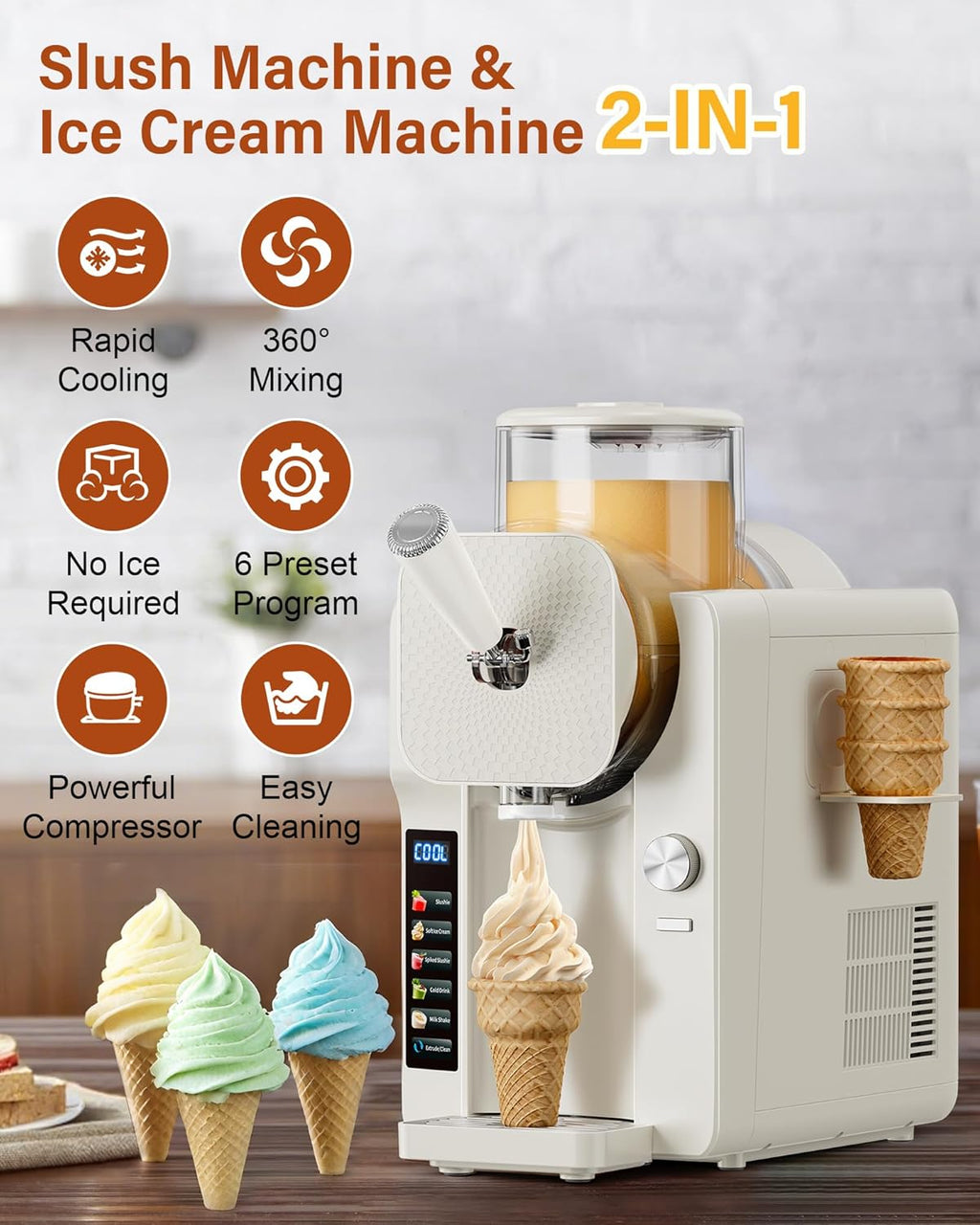 Slush Machine & Ice Cream Maker Machine 2-IN-1, for Smoothies, Margarita | 6 Modes for Smoothies, Milkshakes, Margarita, and Ice Cream, Double-Layer Tank, With Ice Cream Cone Holder, Home Use