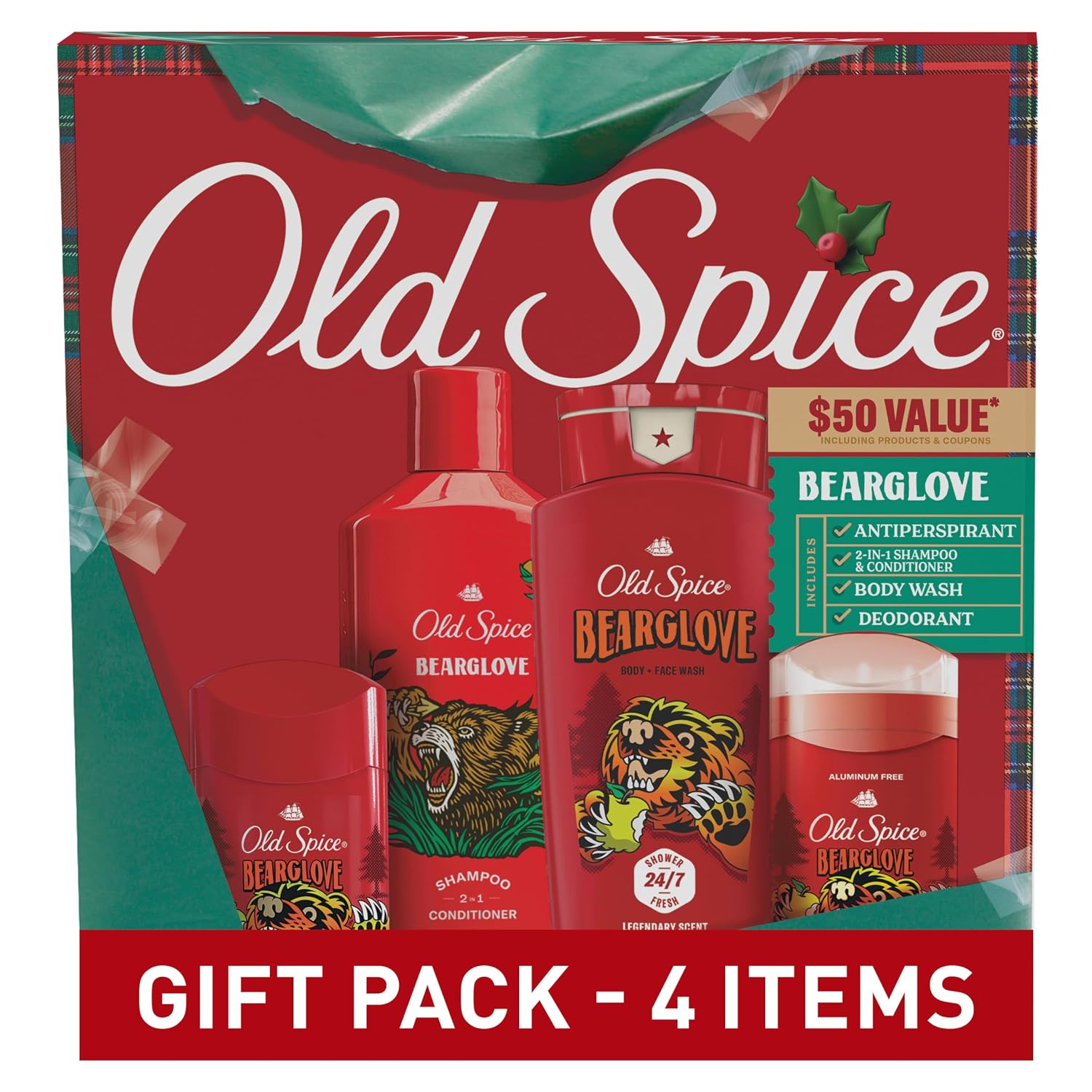 Old Spice Holiday Gift Pack for men, Bearglove Scent, Body Wash, Aluminum Free Deodorant, Body Spray, and 2 in 1 Shampoo, 24/7 Holiday Freshness, 4-pack, Gift Box for him, Holidude Edition