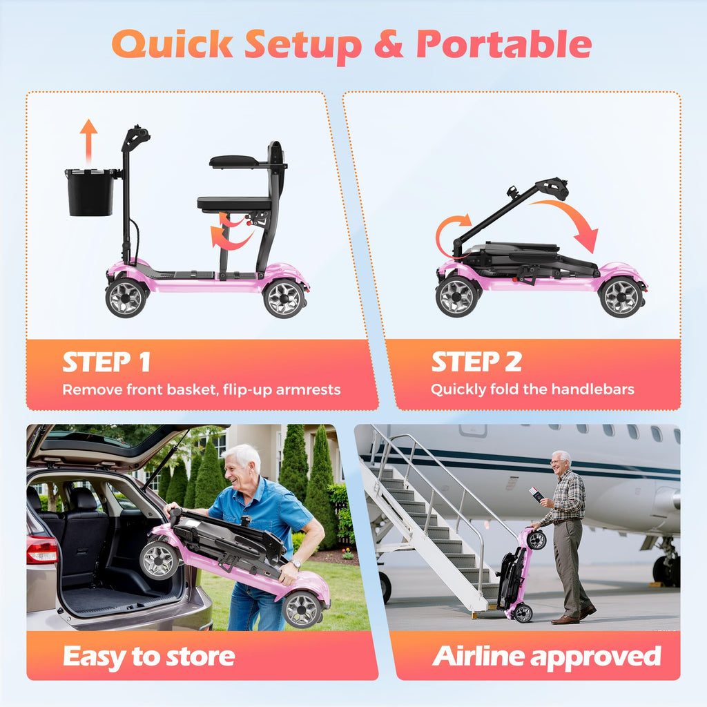 Lightweight Mobility Scooter for Seniors & Adults - Cruise & Airport Approved, 43lb Foldable Portable Motorized Scooters with Removable Lithium Battery for 12.4 Miles Travel, 300lb Capacity, Red