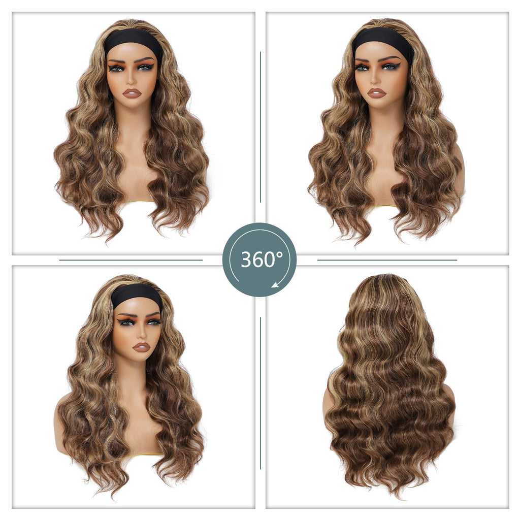 Long Wavy Headband Wig for Women Black Wigs with Brown Blonde Highlight 200% Denisty Headband Wigs Put On and Go Glueless Wig Long Synthetic Wig for Women Party Daliy Use