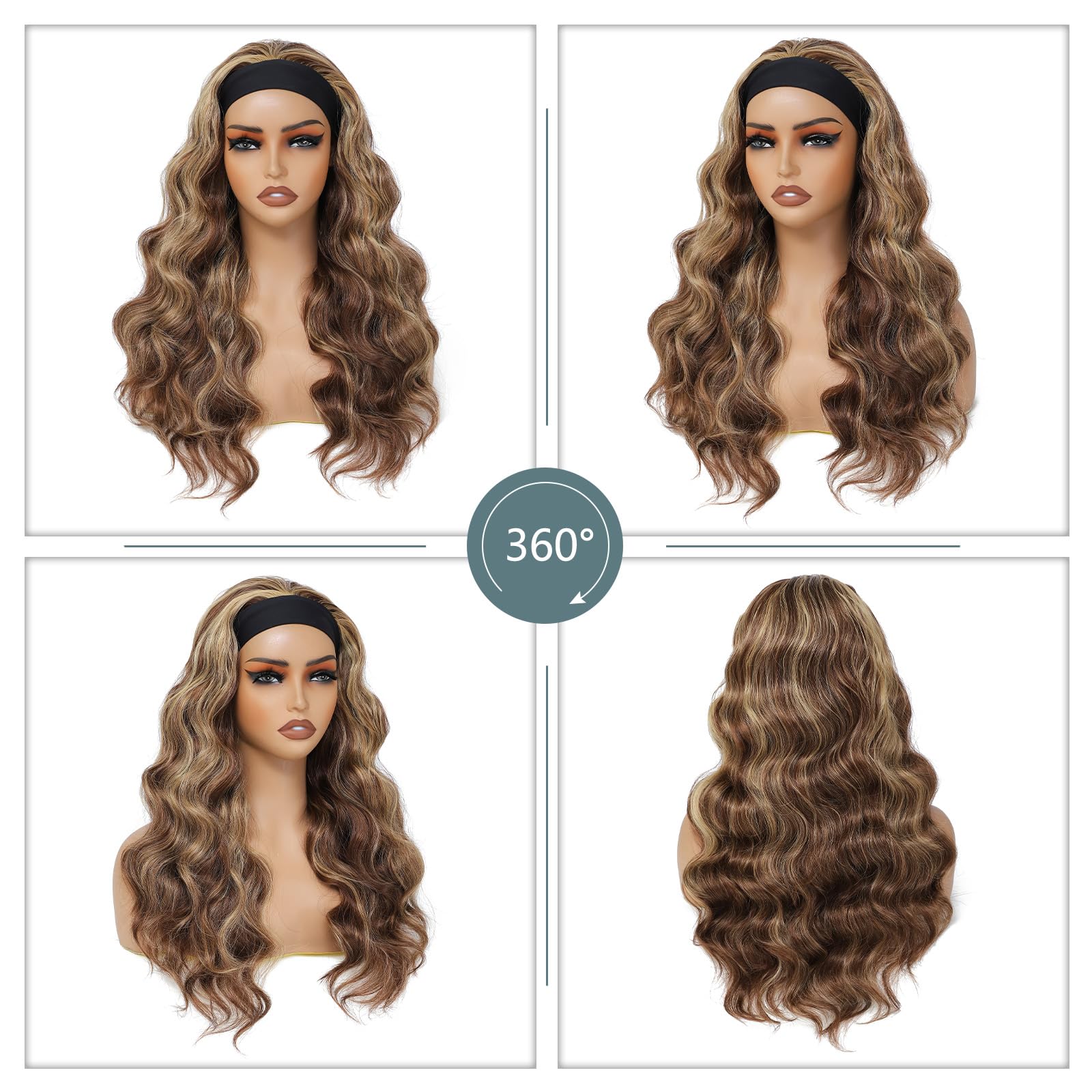 Long Wavy Headband Wig for Women Black Wigs with Brown Blonde Highlight 200% Denisty Headband Wigs Put On and Go Glueless Wig Long Synthetic Wig for Women Party Daliy Use
