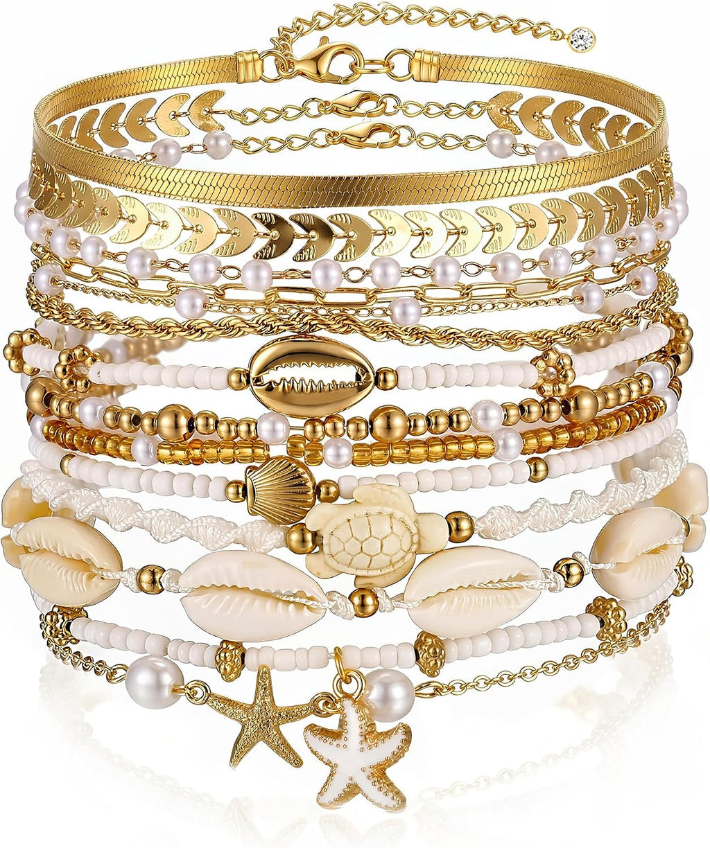 FAXHION Boho Gold Beaded Bracelets for Women, Starfish & Shell Pendant Bracelet Stack, Gold Bracelet Set Summer Beach Jewelry Gifts