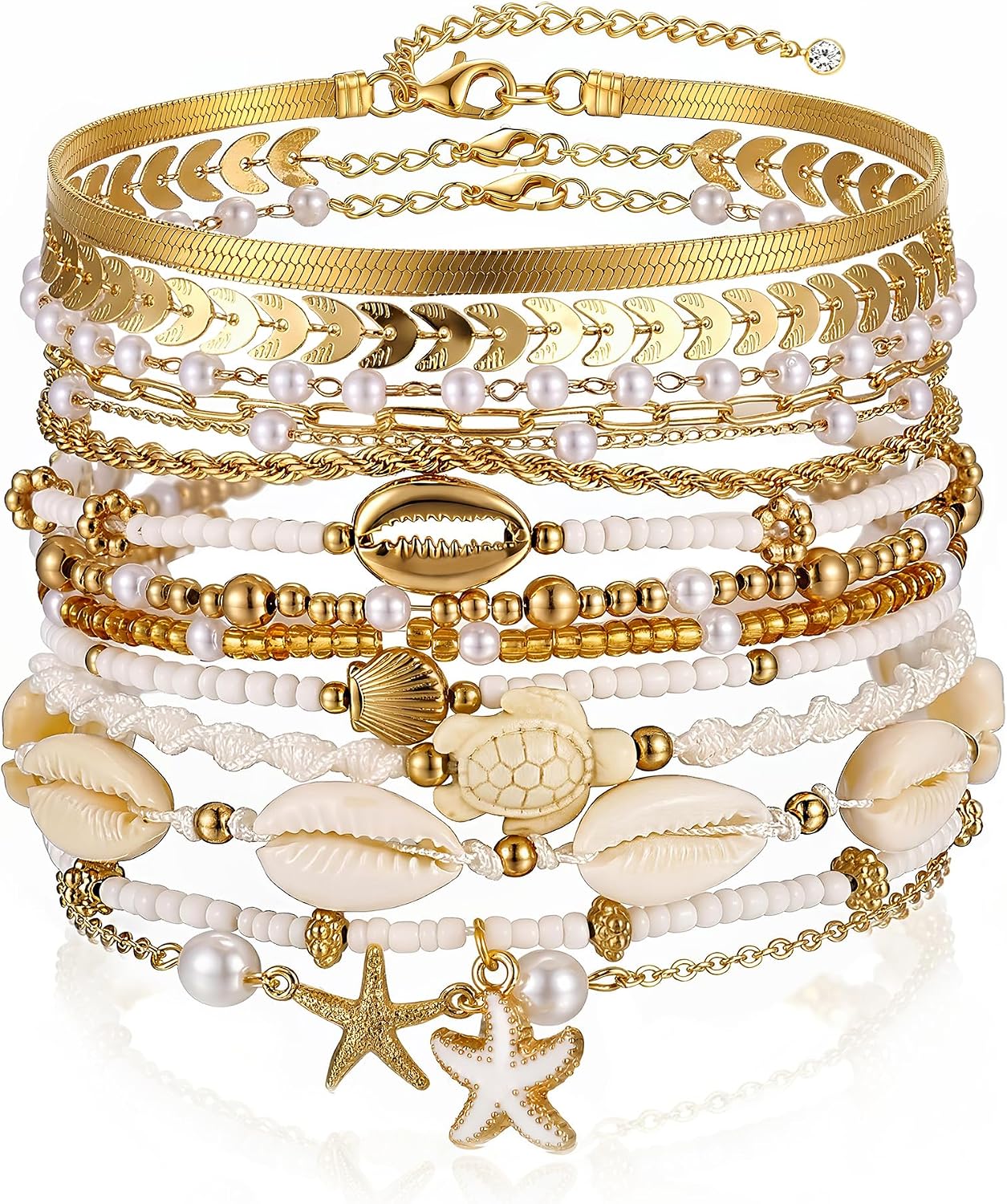 FAXHION Boho Gold Beaded Bracelets for Women, Starfish & Shell Pendant Bracelet Stack, Gold Bracelet Set Summer Beach Jewelry Gifts