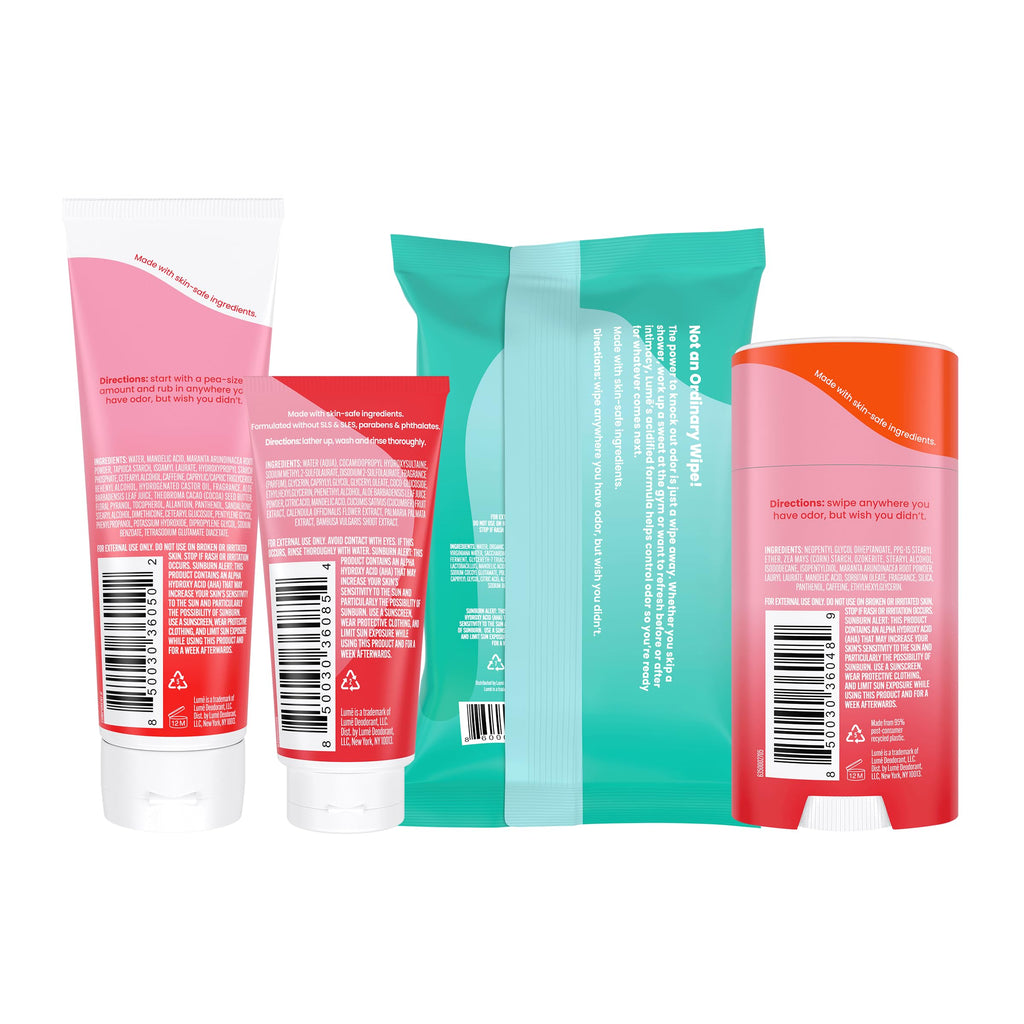 Lume Skin Care Gift Set for Women, Whole Body Deodorant Starter Pack -Smooth Solid Stick, Invisible Cream Tube, Acidified Body Wash Mini & Deodorant Wipes -Aluminum Free Odor Control (Clean Tangerine)