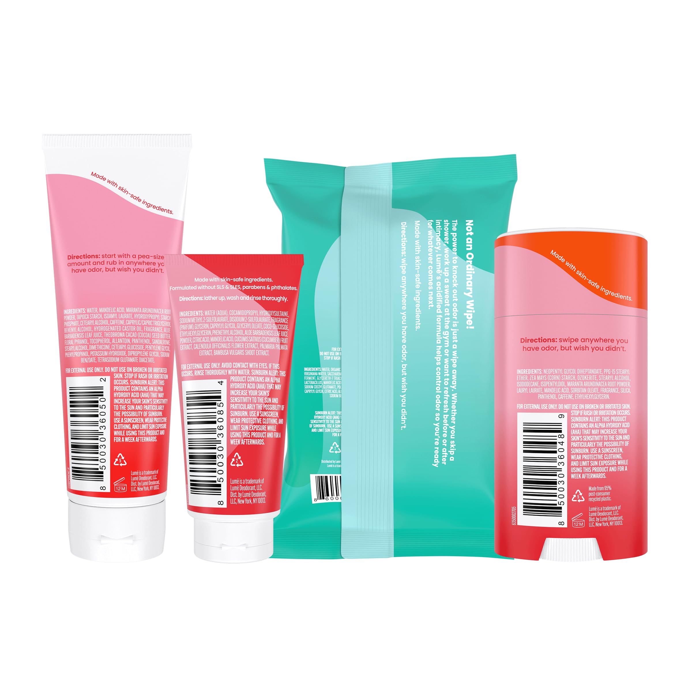 Lume Skin Care Gift Set for Women, Whole Body Deodorant Starter Pack -Smooth Solid Stick, Invisible Cream Tube, Acidified Body Wash Mini & Deodorant Wipes -Aluminum Free Odor Control (Clean Tangerine)