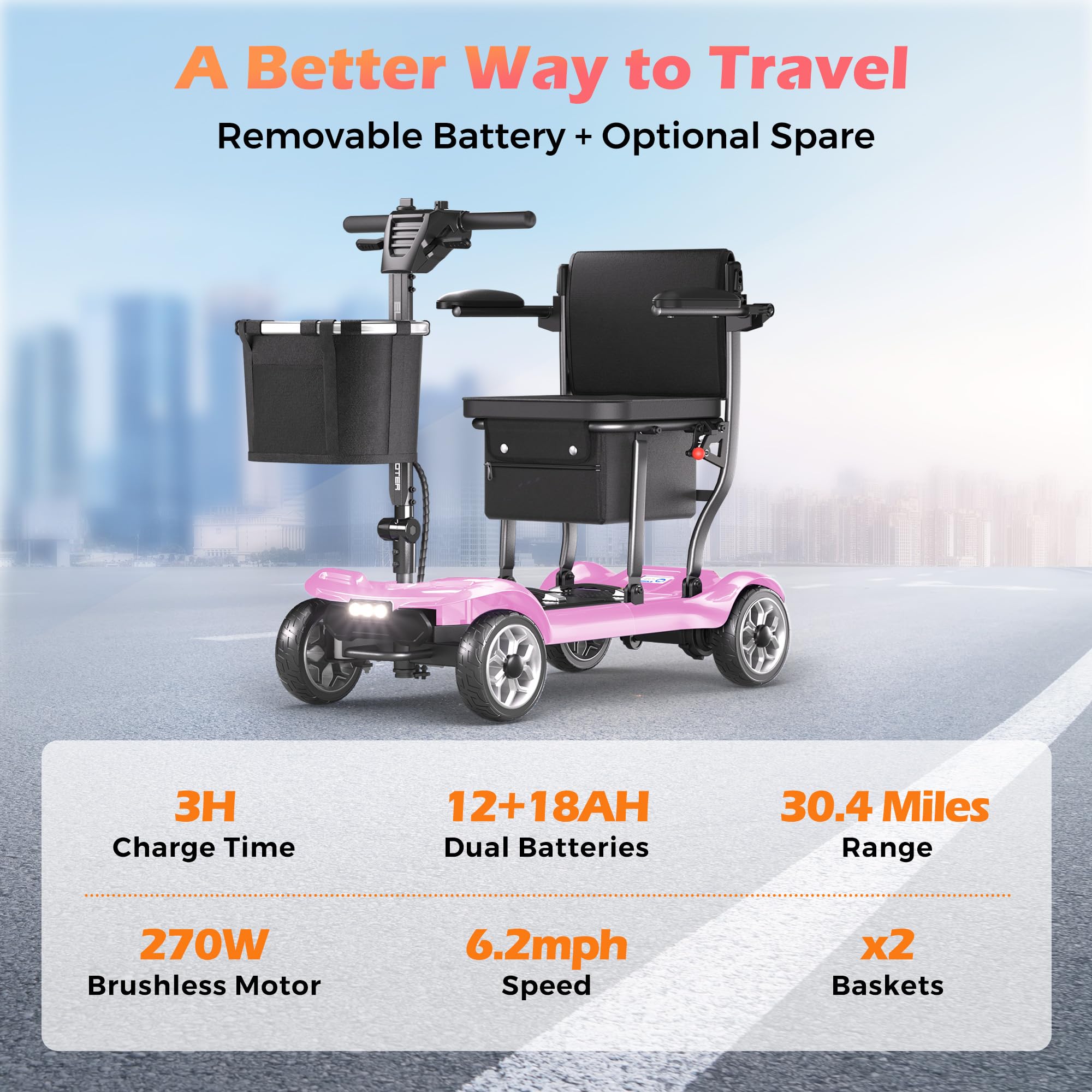 Lightweight Mobility Scooter for Seniors & Adults - Cruise & Airport Approved, 43lb Foldable Portable Motorized Scooters with Removable Lithium Battery for 12.4 Miles Travel, 300lb Capacity, Red