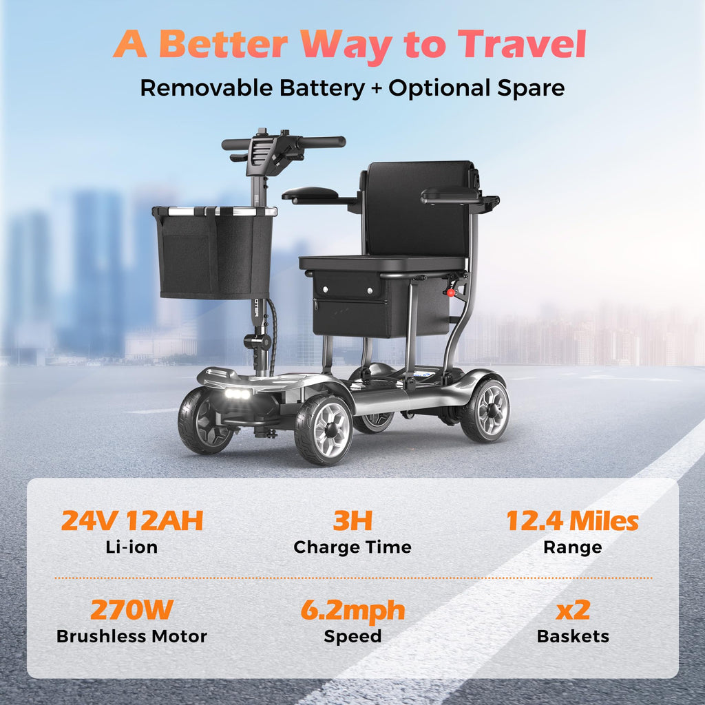 Lightweight Mobility Scooter for Seniors & Adults - Cruise & Airport Approved, 43lb Foldable Portable Motorized Scooters with Removable Lithium Battery for 12.4 Miles Travel, 300lb Capacity, Red