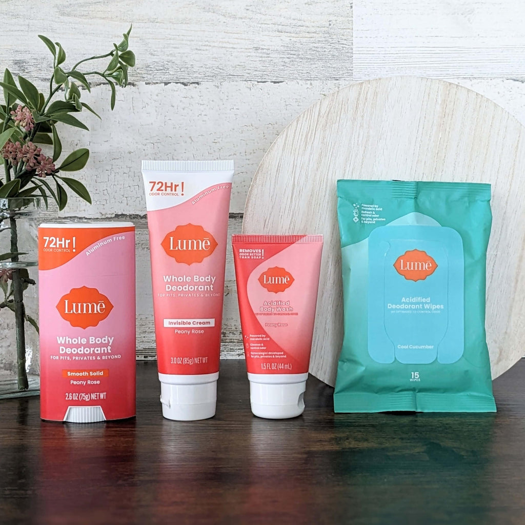 Lume Skin Care Gift Set for Women, Whole Body Deodorant Starter Pack -Smooth Solid Stick, Invisible Cream Tube, Acidified Body Wash Mini & Deodorant Wipes -Aluminum Free Odor Control (Clean Tangerine)