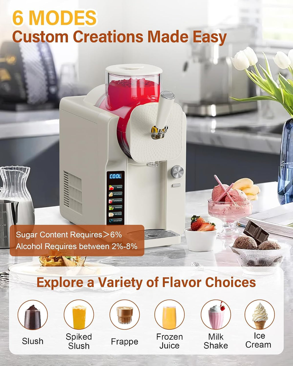 Slush Machine & Ice Cream Maker Machine 2-IN-1, for Smoothies, Margarita | 6 Modes for Smoothies, Milkshakes, Margarita, and Ice Cream, Double-Layer Tank, With Ice Cream Cone Holder, Home Use