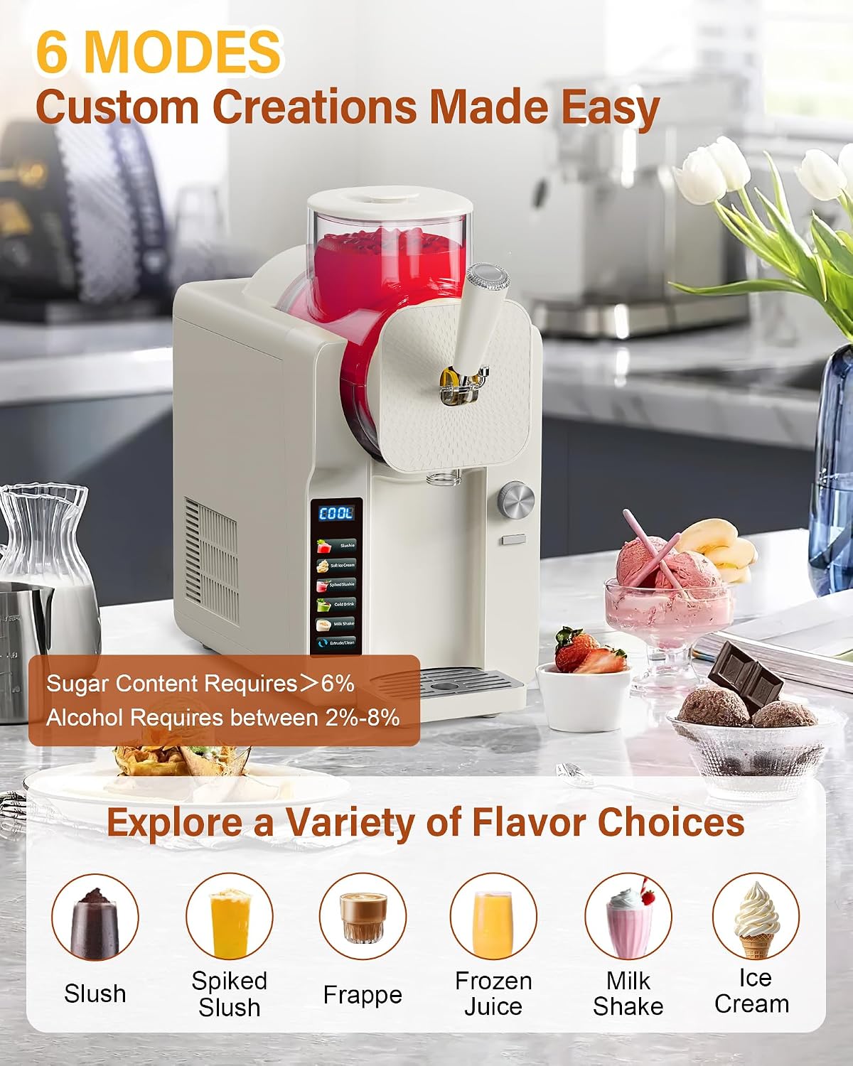 Slush Machine & Ice Cream Maker Machine 2-IN-1, for Smoothies, Margarita | 6 Modes for Smoothies, Milkshakes, Margarita, and Ice Cream, Double-Layer Tank, With Ice Cream Cone Holder, Home Use