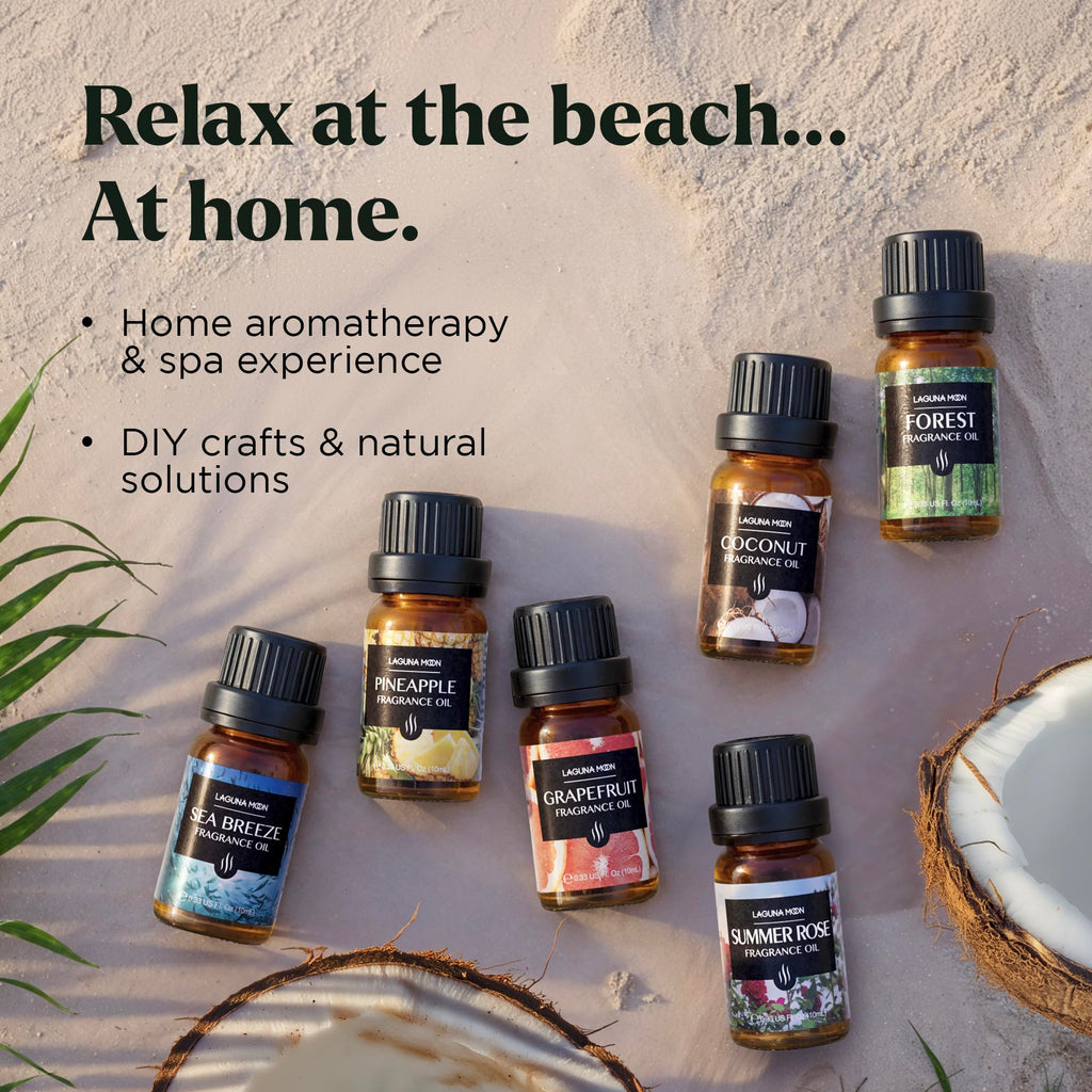 Lagunamoon Essential Oils Aromatherapy Set - 6 Oils for Diffusers, Home Care, Candle Making Scents, Fragrance, Humidifiers, Gifts - Peppermint, Tea Tree, Lavender, Eucalyptus, Orange (10mL)
