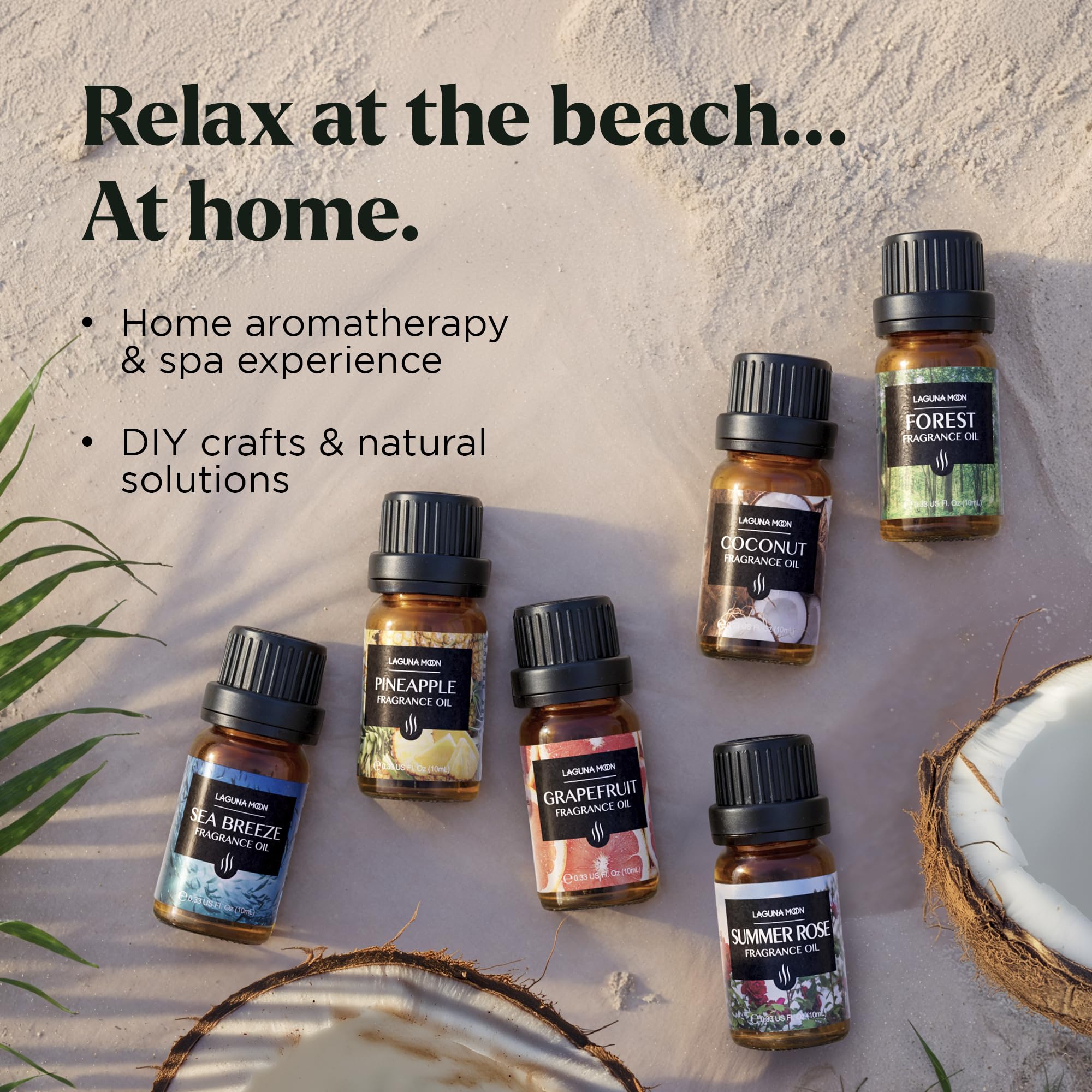 Lagunamoon Essential Oils Aromatherapy Set - 6 Oils for Diffusers, Home Care, Candle Making Scents, Fragrance, Humidifiers, Gifts - Peppermint, Tea Tree, Lavender, Eucalyptus, Orange (10mL)