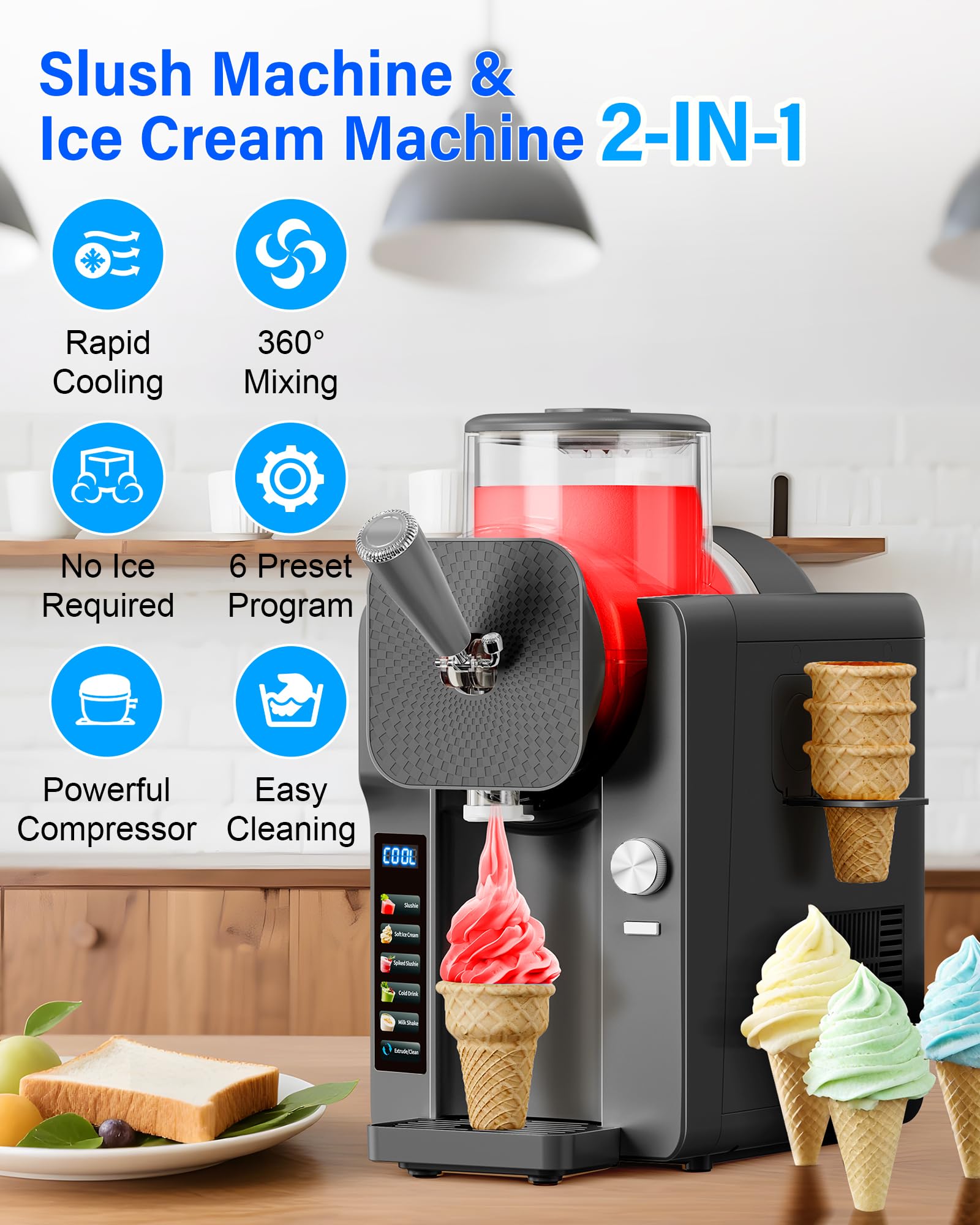 Slush Machine & Ice Cream Maker Machine 2-IN-1, for Smoothies, Margarita | 6 Modes for Smoothies, Milkshakes, Margarita, and Ice Cream, Double-Layer Tank, With Ice Cream Cone Holder, Home Use