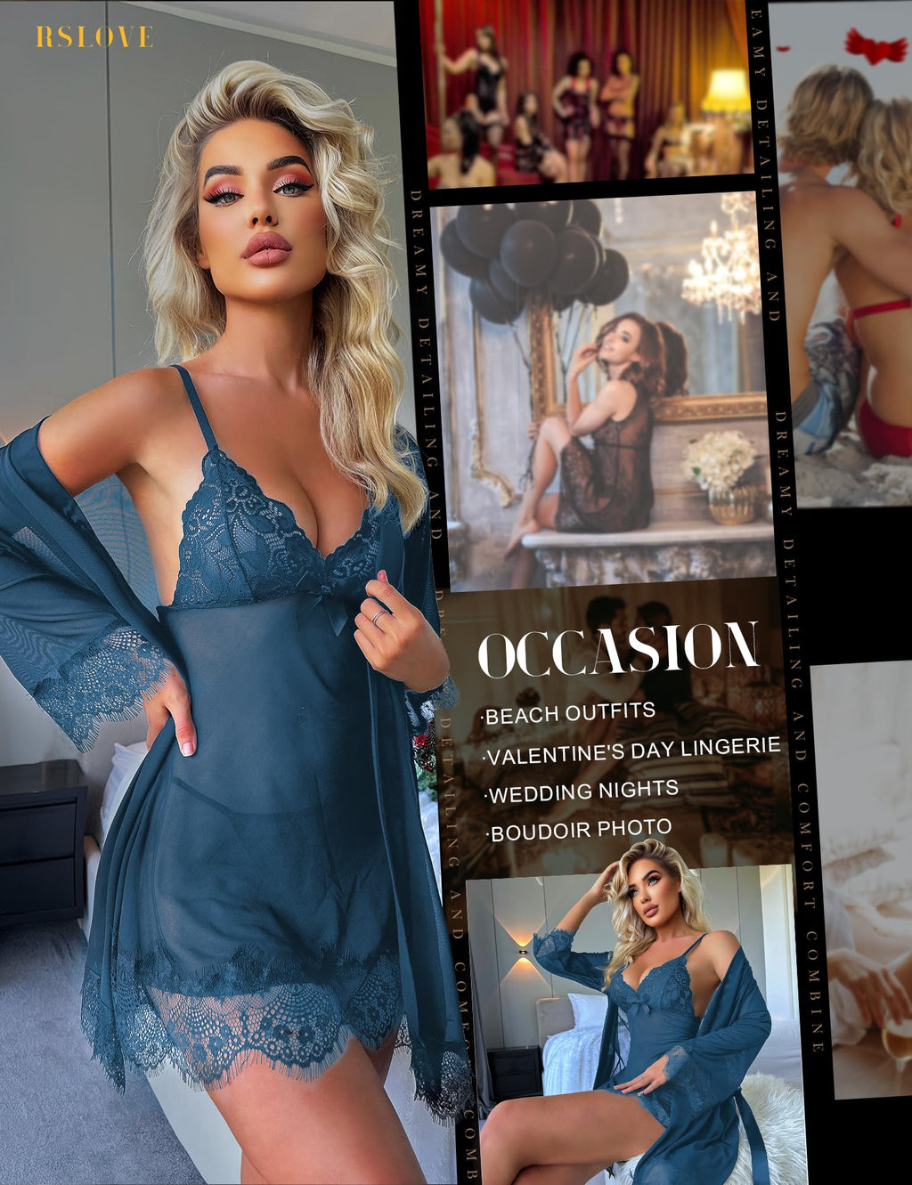 RSLOVE Women Sexy Lingerie Set 3 Piece Babydoll & Lace Kimono Robe Strap Chemise Sleepwear Mesh Nightgown