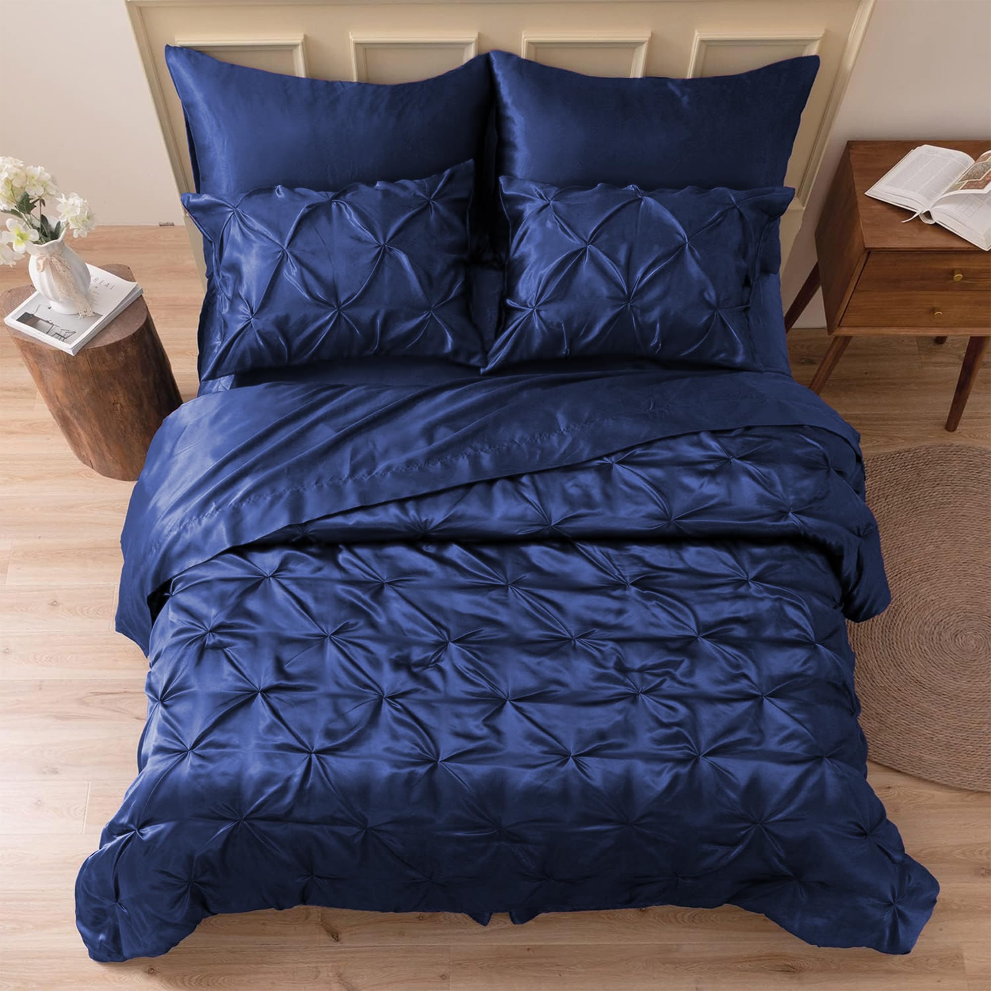 MR&HM Satin Comforter Queen 7 Pieces - Luxurious Pinch Pleat Bedding Set with Comforter, Flat Sheet, Fitted Sheet, Pillowcases & Shams, Super Silky Soft Bed Set for All Season (Queen, Black)