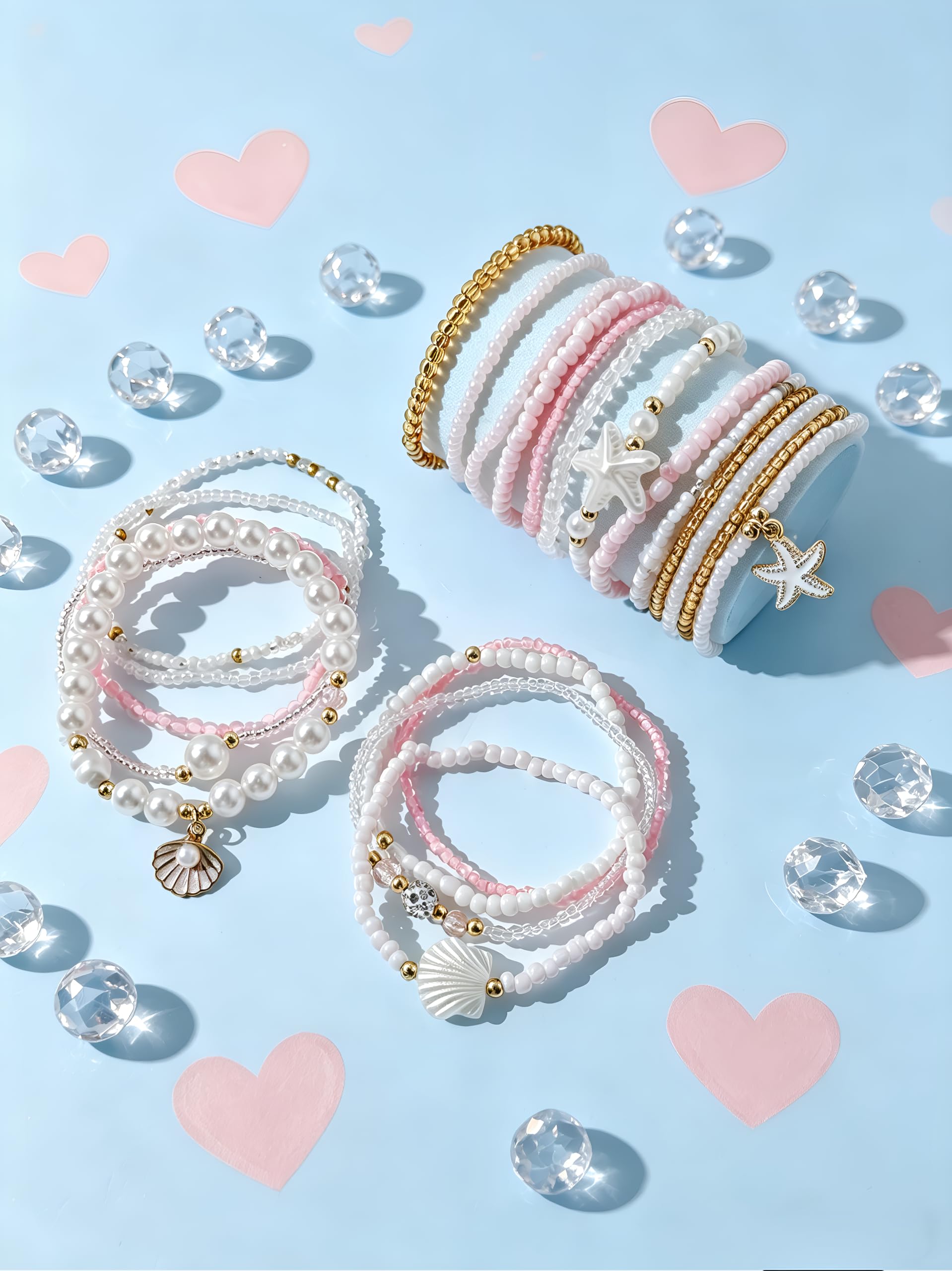 FAXHION Boho Gold Beaded Bracelets for Women, Starfish & Shell Pendant Bracelet Stack, Gold Bracelet Set Summer Beach Jewelry Gifts