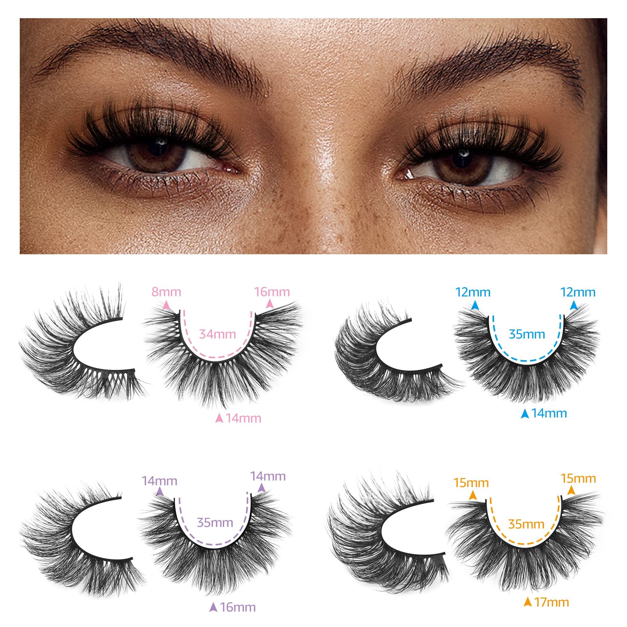 Mink Lashes Fluffy False Eyelashes Natural Look 14-17mm Cat Eye Lashes Pack, 5D Wispy Curly Fake Lashes by TNFVLONEINS - 21 Pairs 3 Styles